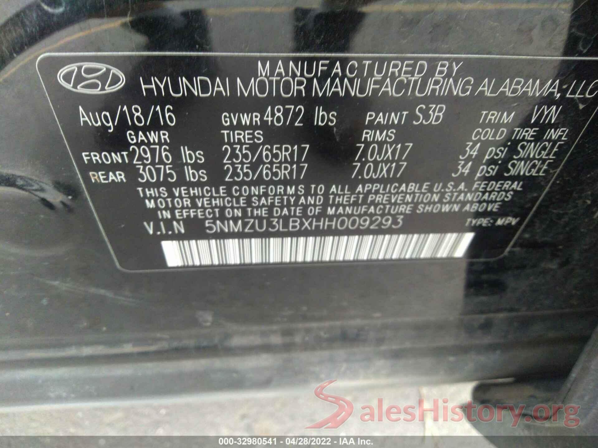 5NMZU3LBXHH009293 2017 HYUNDAI SANTA FE SPORT