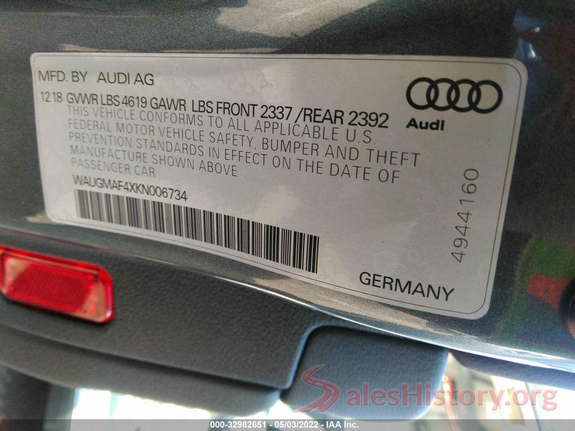 WAUGMAF4XKN006734 2019 AUDI A4