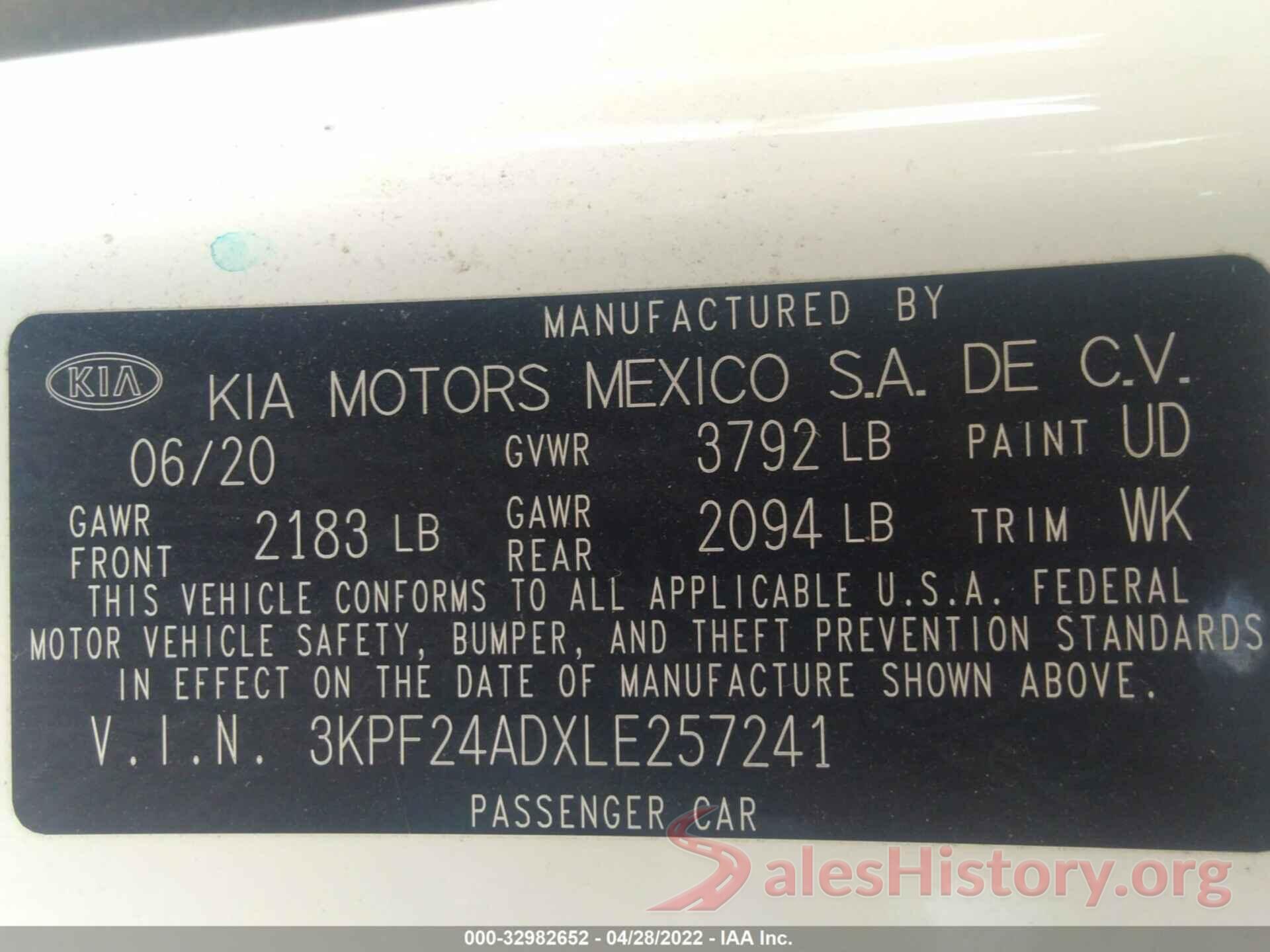 3KPF24ADXLE257241 2020 KIA FORTE