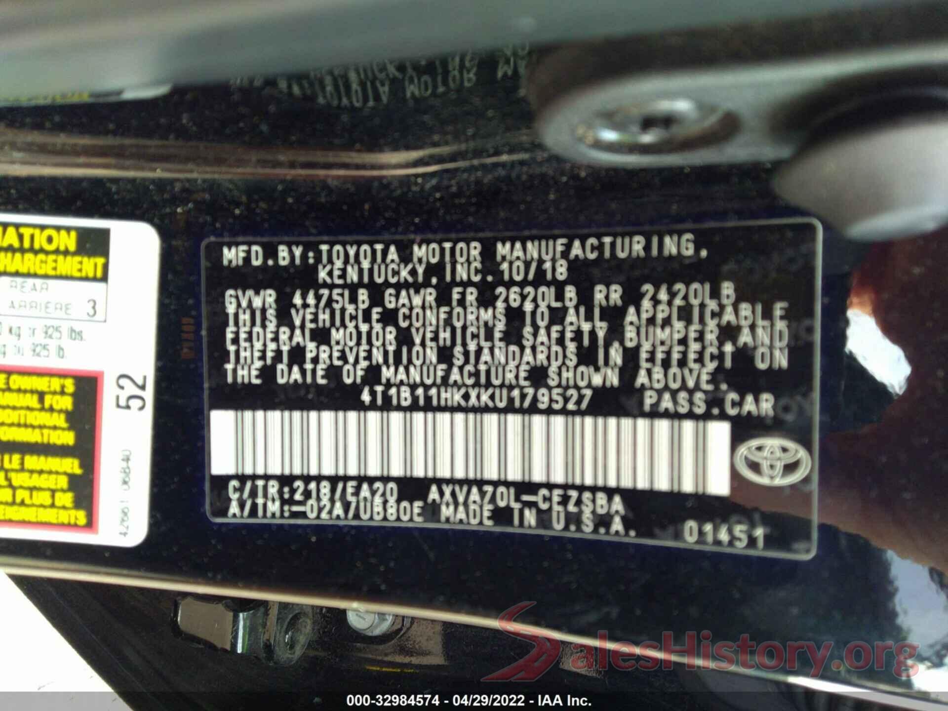 4T1B11HKXKU179527 2019 TOYOTA CAMRY