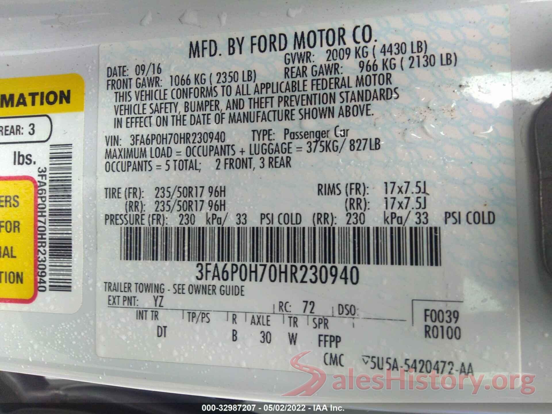 3FA6P0H70HR230940 2017 FORD FUSION