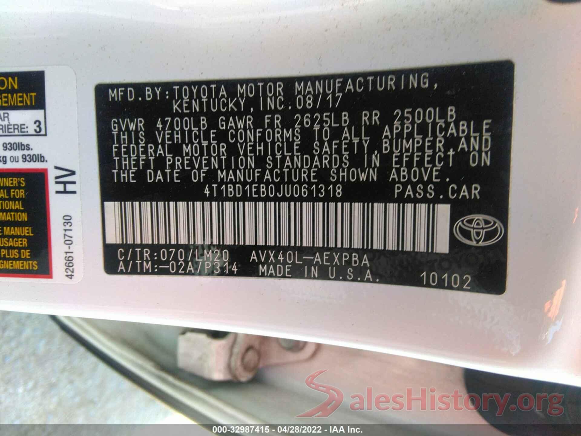 4T1BD1EB0JU061318 2018 TOYOTA AVALON