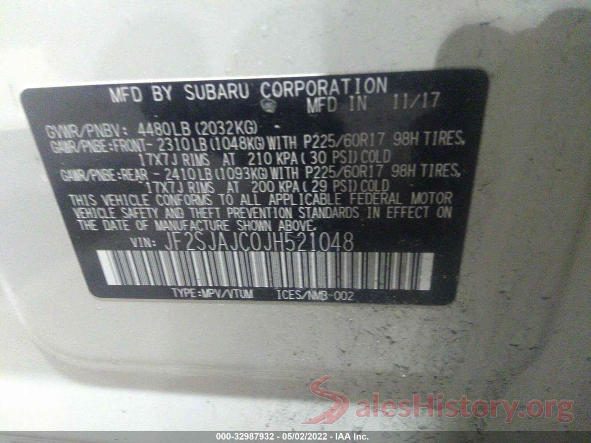 JF2SJAJC0JH521048 2018 SUBARU FORESTER