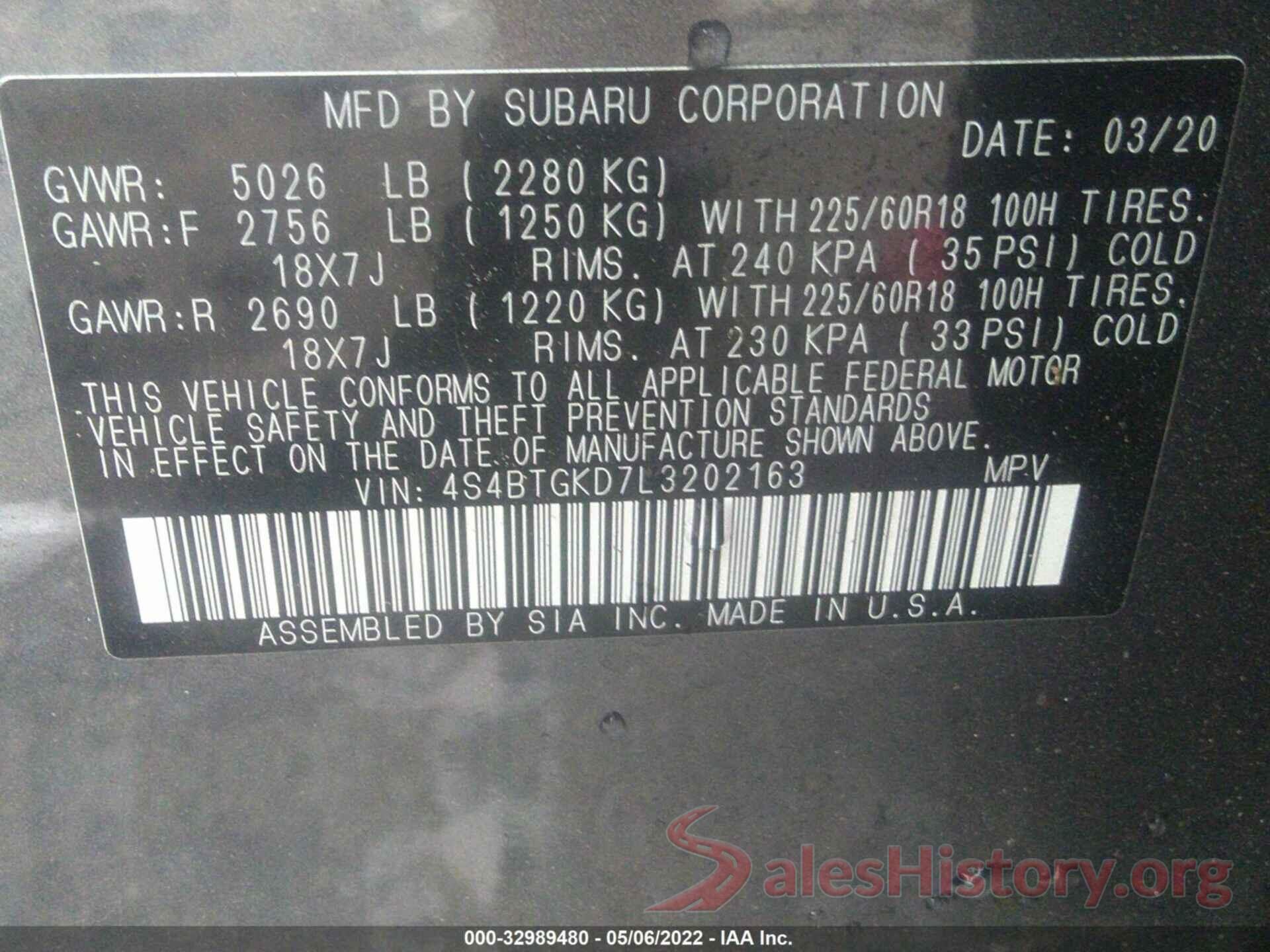 4S4BTGKD7L3202163 2020 SUBARU OUTBACK