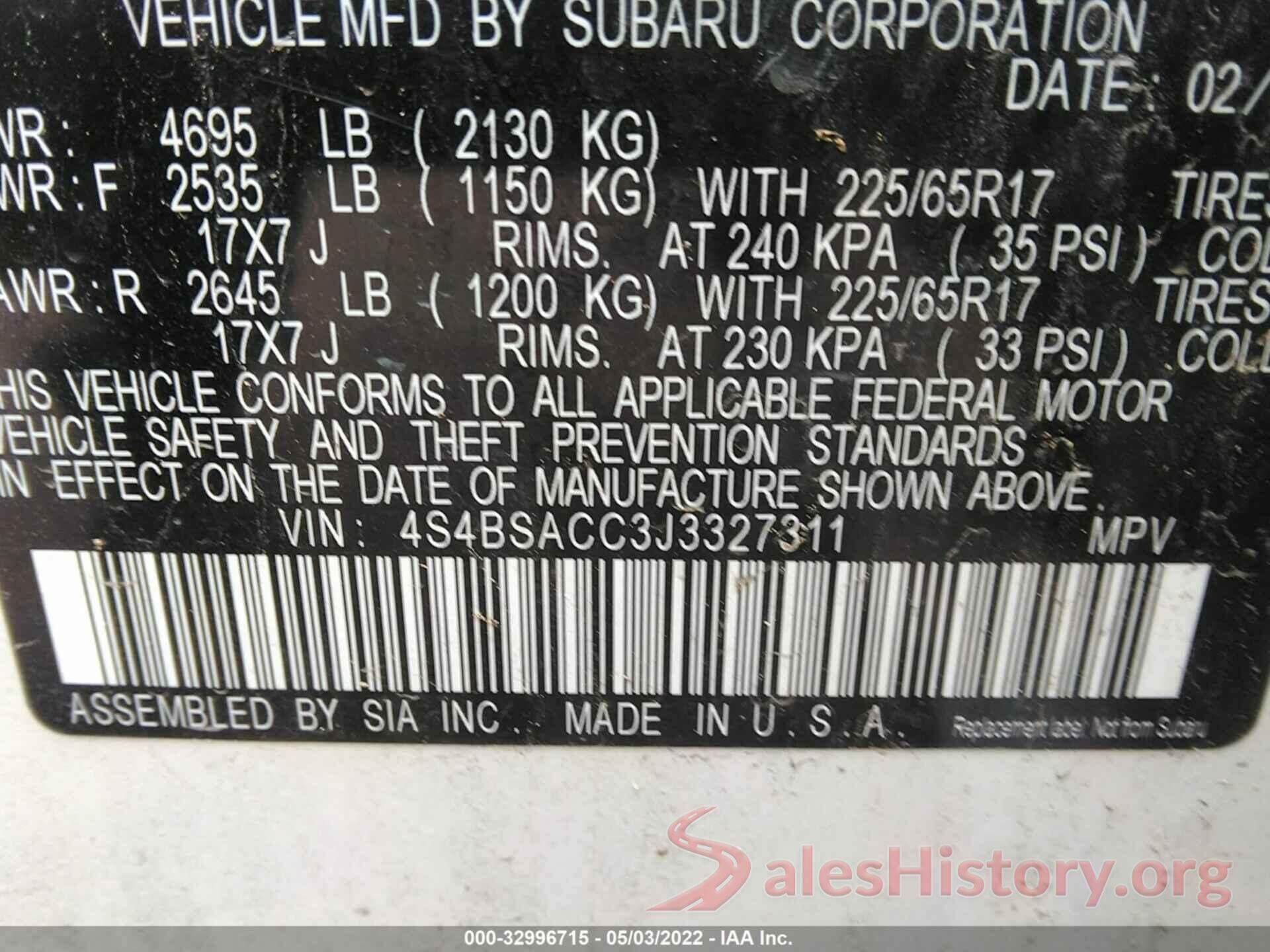 4S4BSACC3J3327311 2018 SUBARU OUTBACK