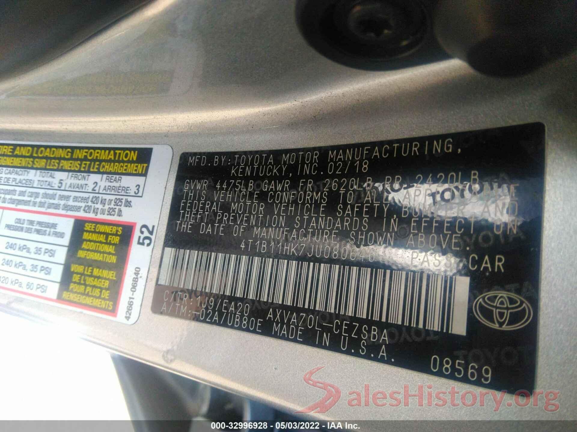 4T1B11HK7JU080646 2018 TOYOTA CAMRY