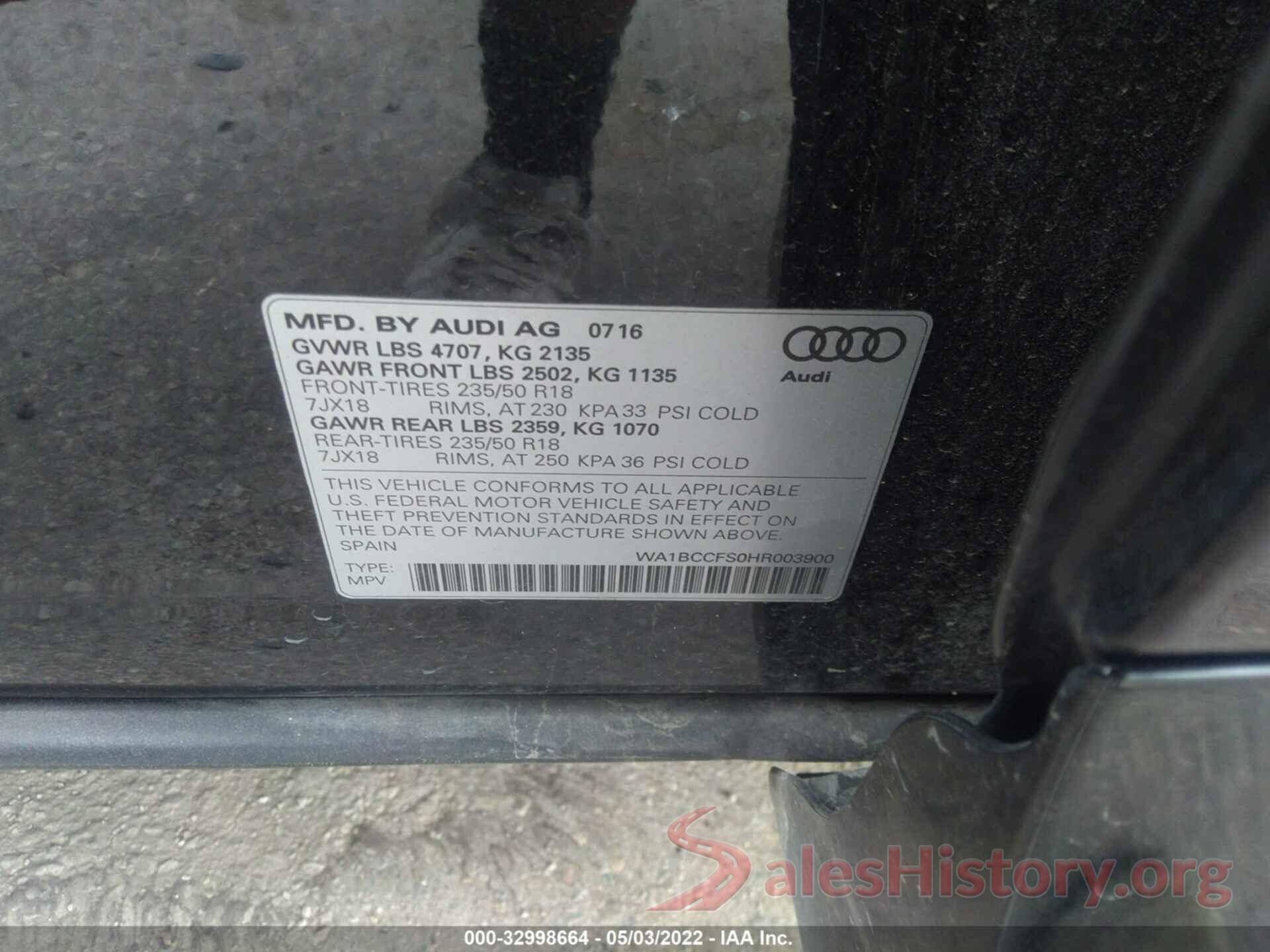 WA1BCCFS0HR003900 2017 AUDI Q3