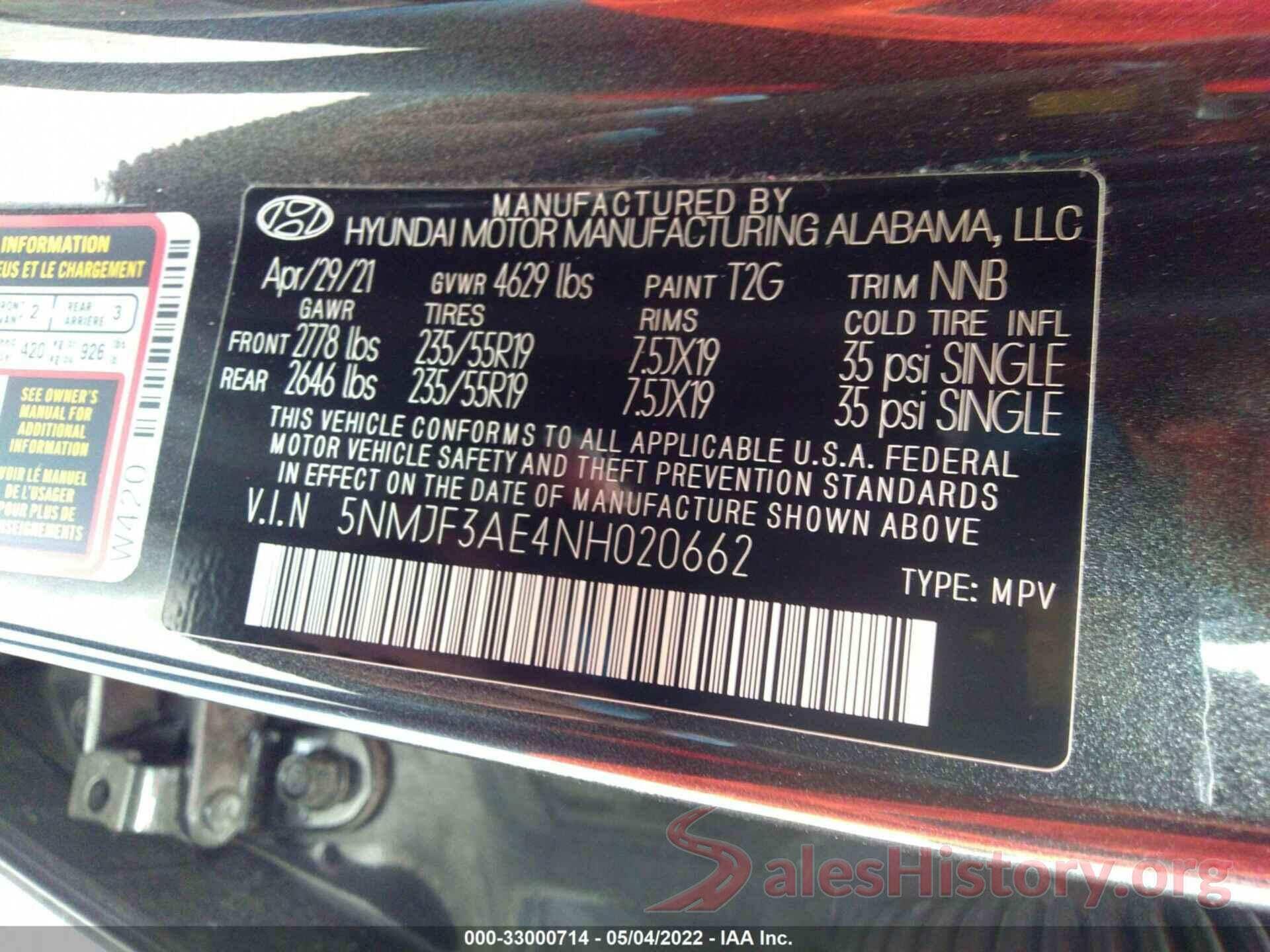 5NMJF3AE4NH020662 2022 HYUNDAI TUCSON