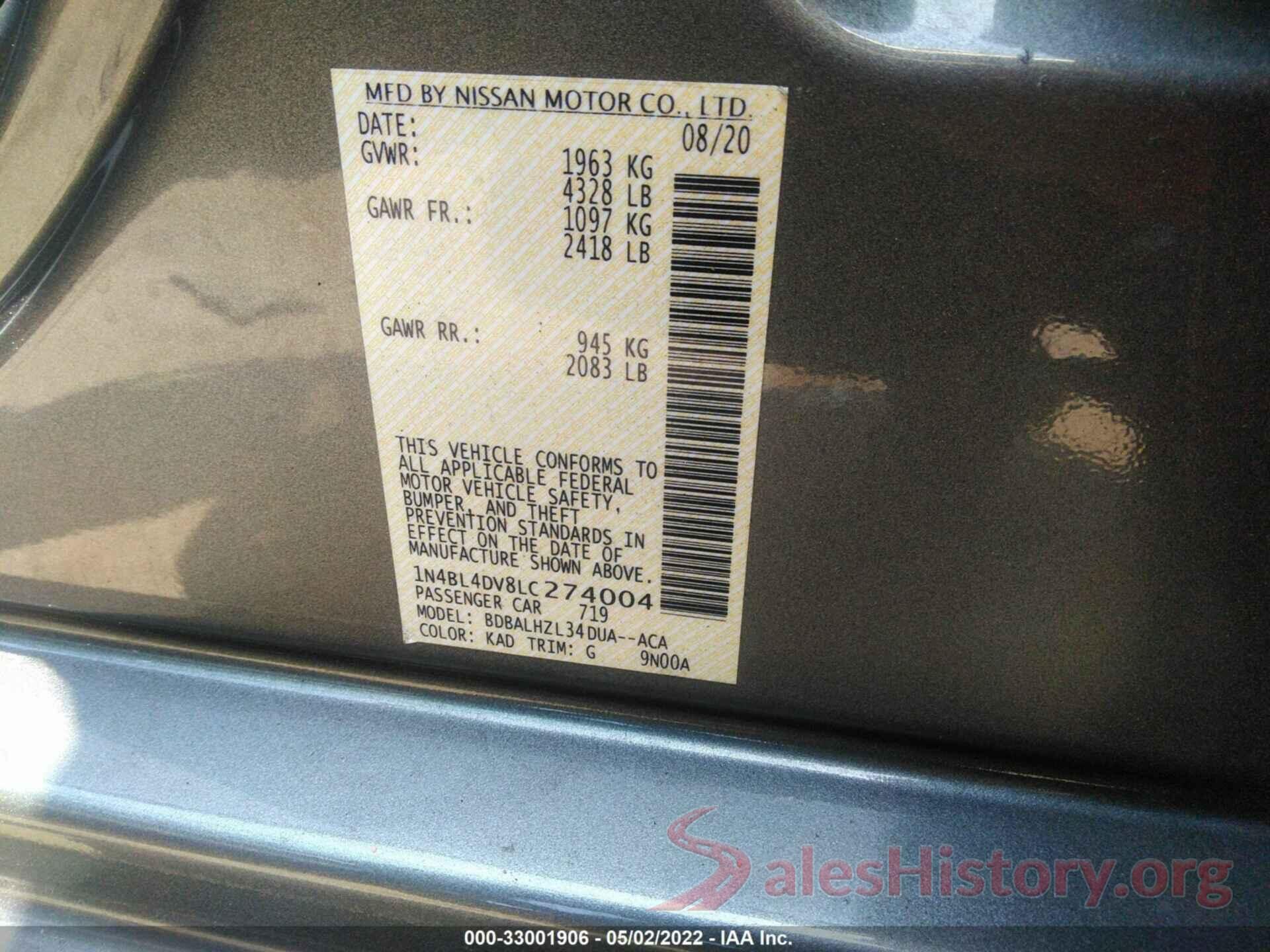 1N4BL4DV8LC274004 2020 NISSAN ALTIMA