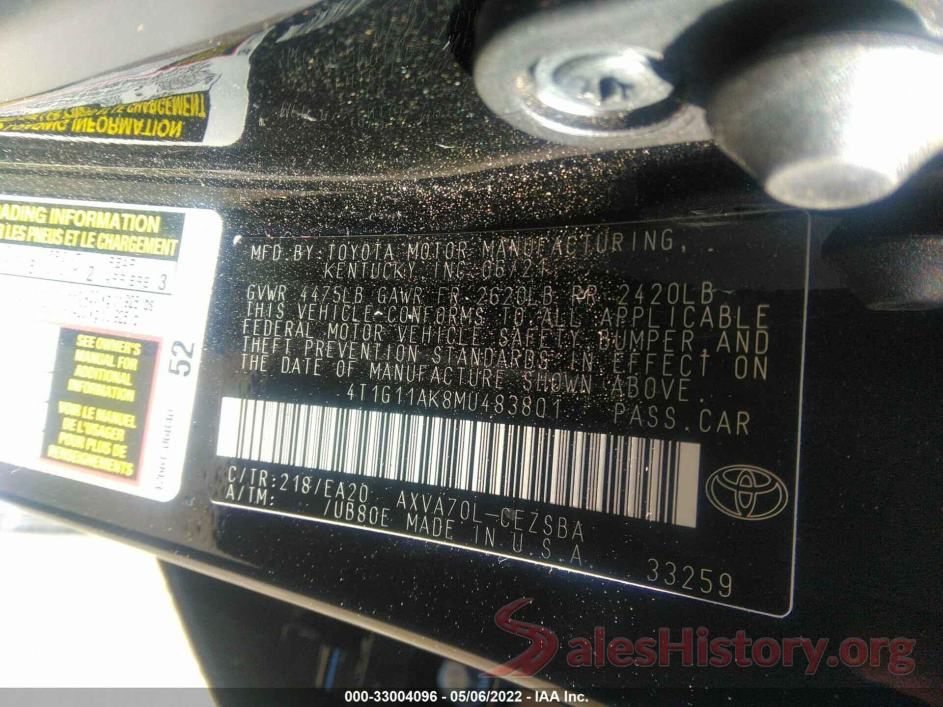 4T1G11AK8MU483801 2021 TOYOTA CAMRY