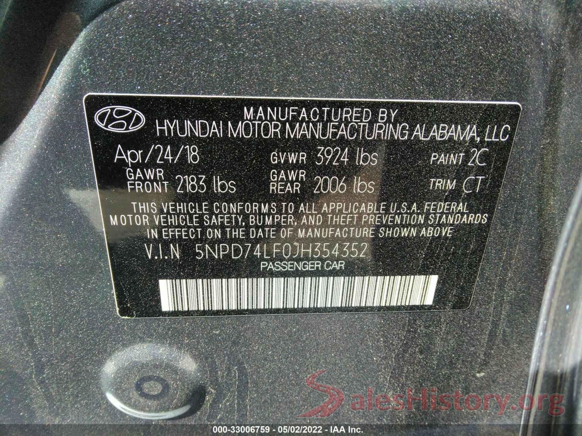 5NPD74LF0JH354352 2018 HYUNDAI ELANTRA