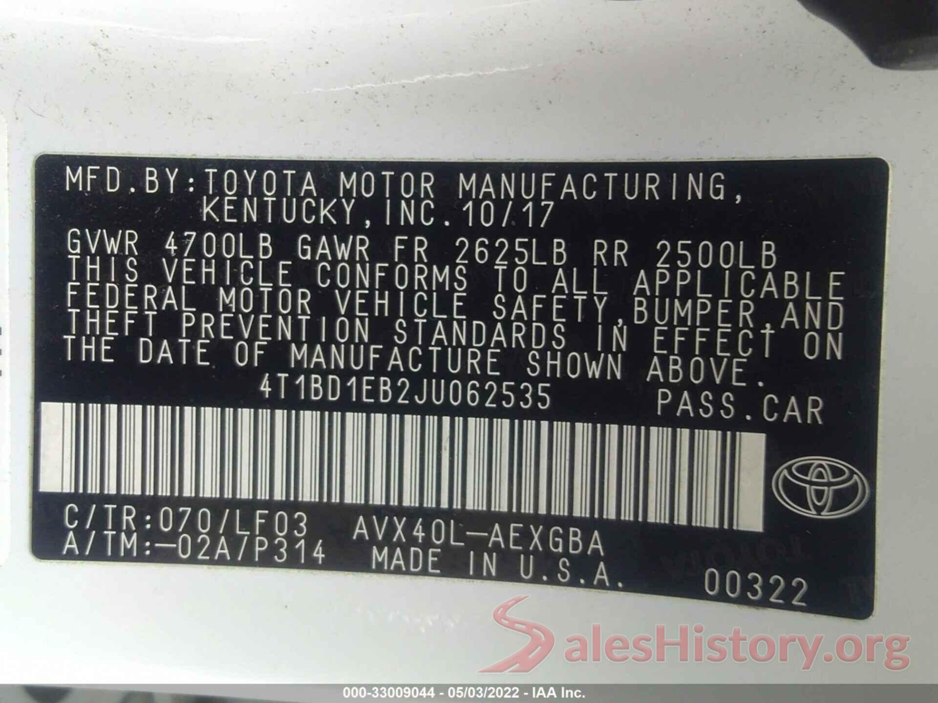 4T1BD1EB2JU062535 2018 TOYOTA AVALON