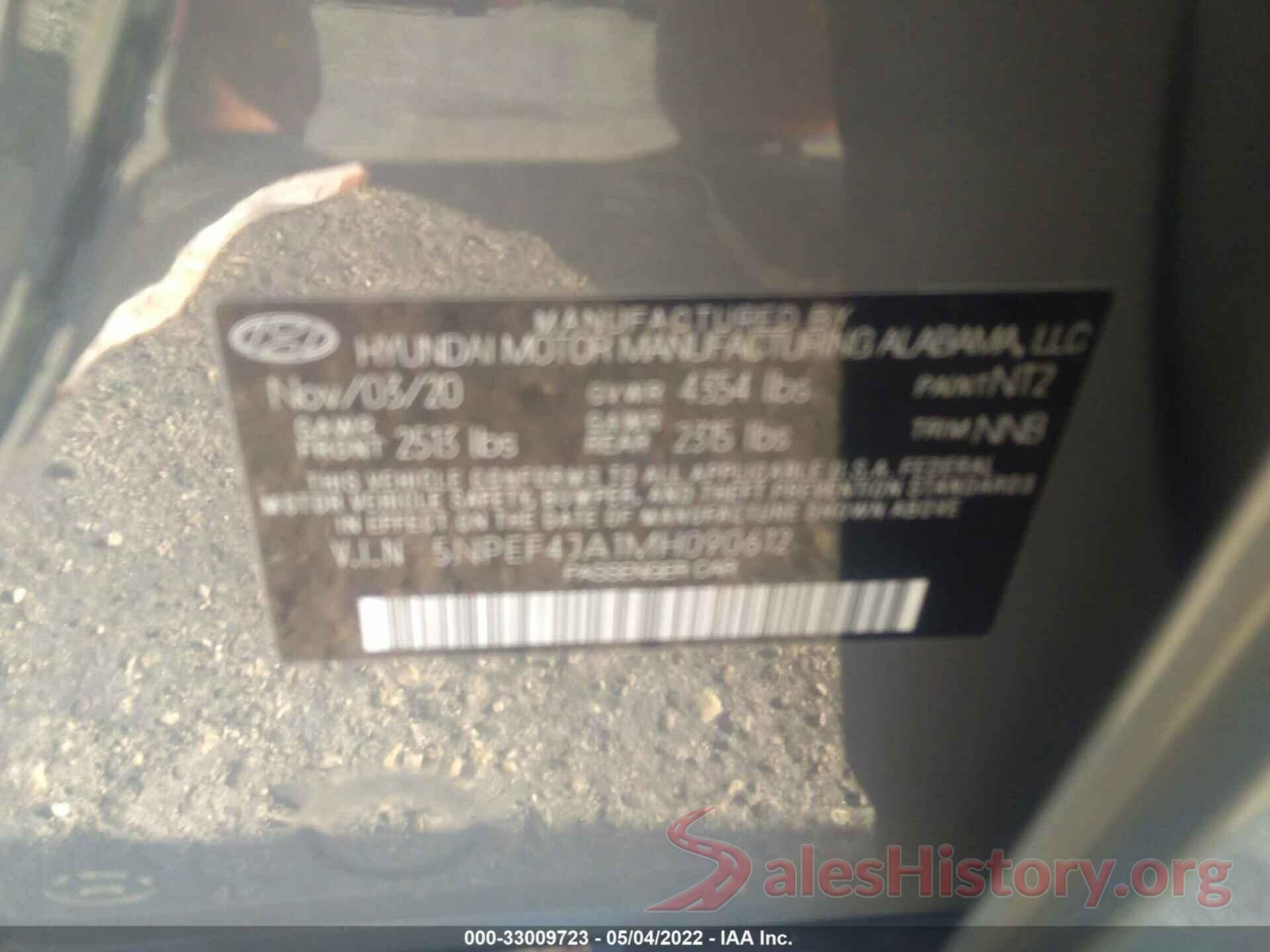 5NPEF4JA1MH090612 2021 HYUNDAI SONATA