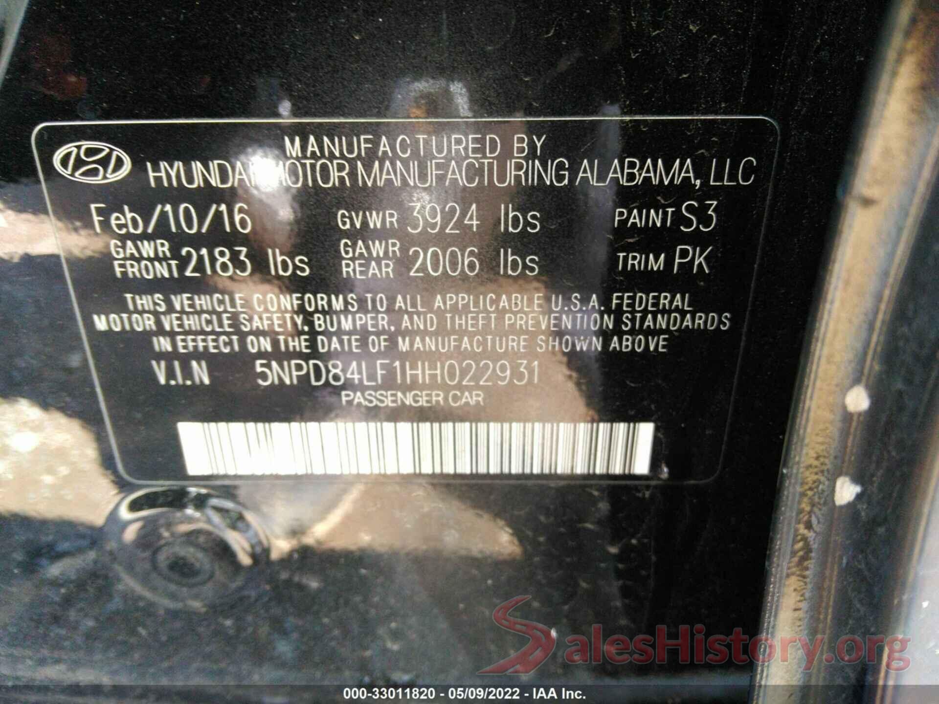 5NPD84LF1HH022931 2017 HYUNDAI ELANTRA