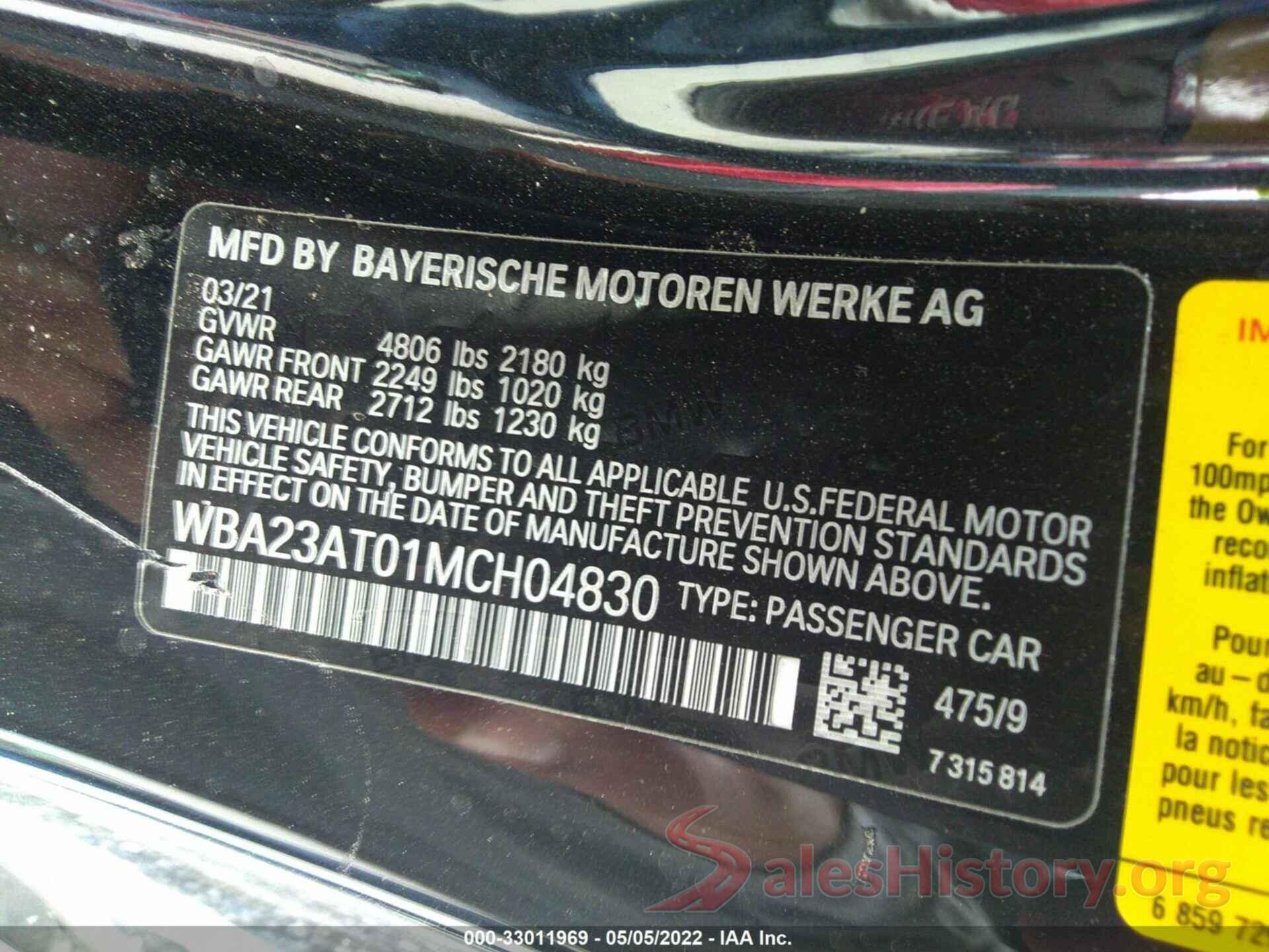 WBA23AT01MCH04830 2021 BMW 4 SERIES