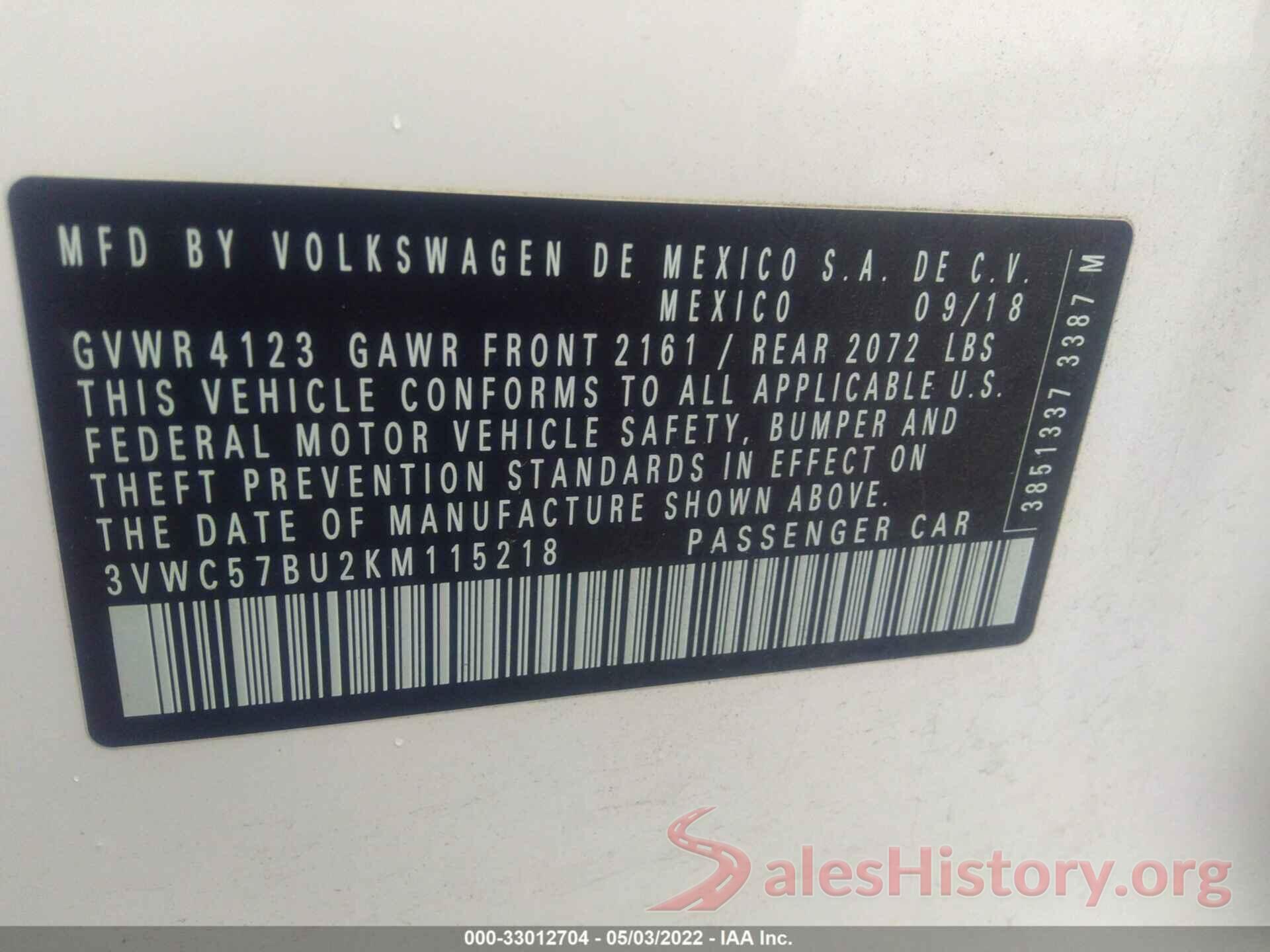 3VWC57BU2KM115218 2019 VOLKSWAGEN JETTA