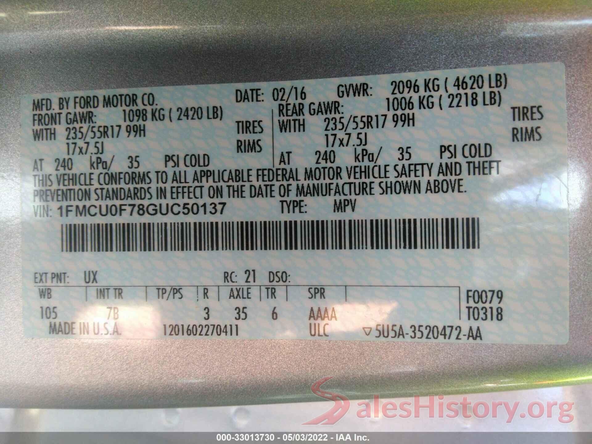 1FMCU0F78GUC50137 2016 FORD ESCAPE