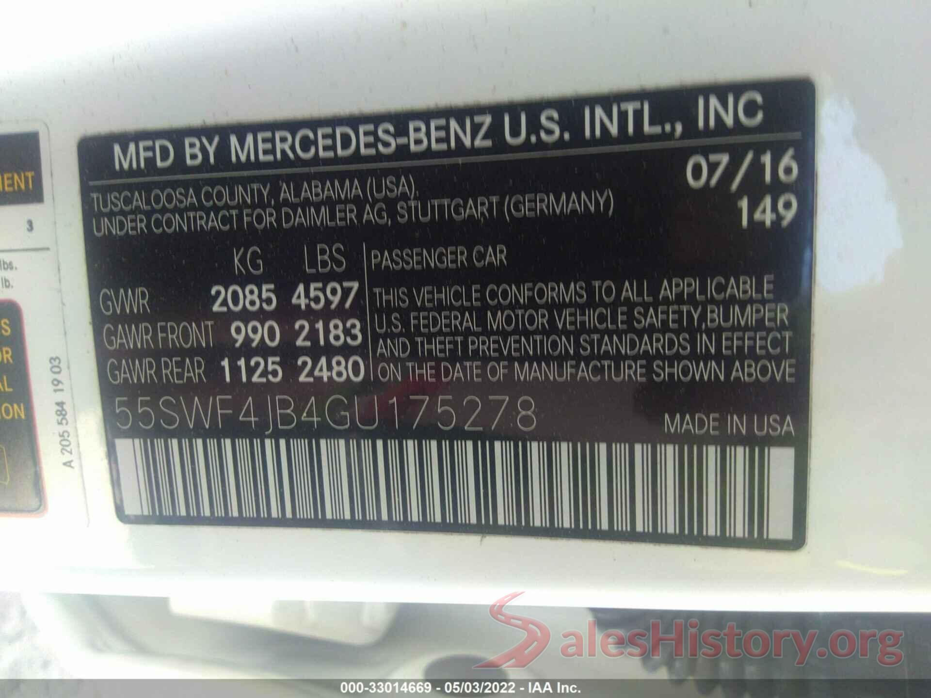 55SWF4JB4GU175278 2016 MERCEDES-BENZ C-CLASS