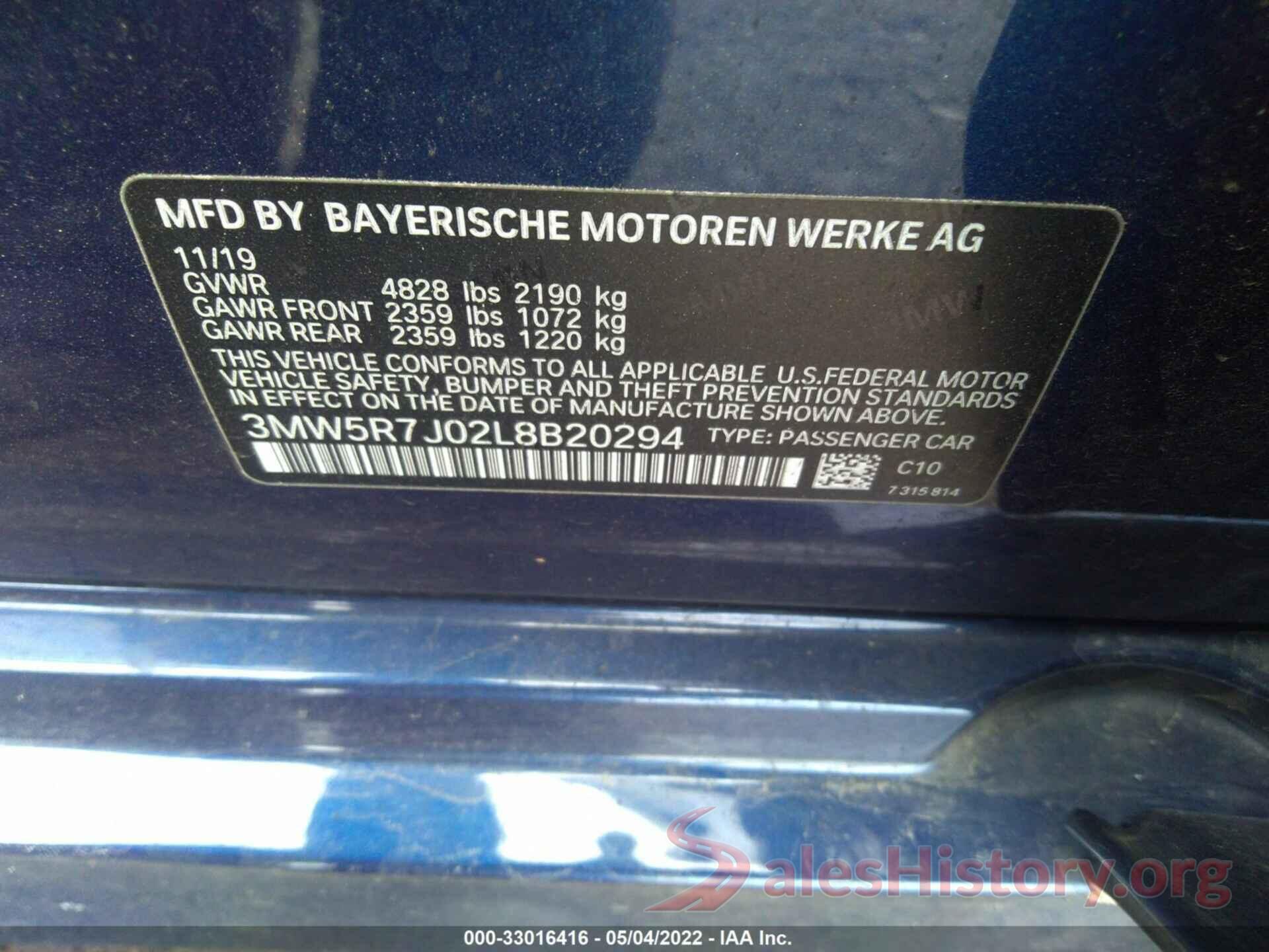 3MW5R7J02L8B20294 2020 BMW 3 SERIES