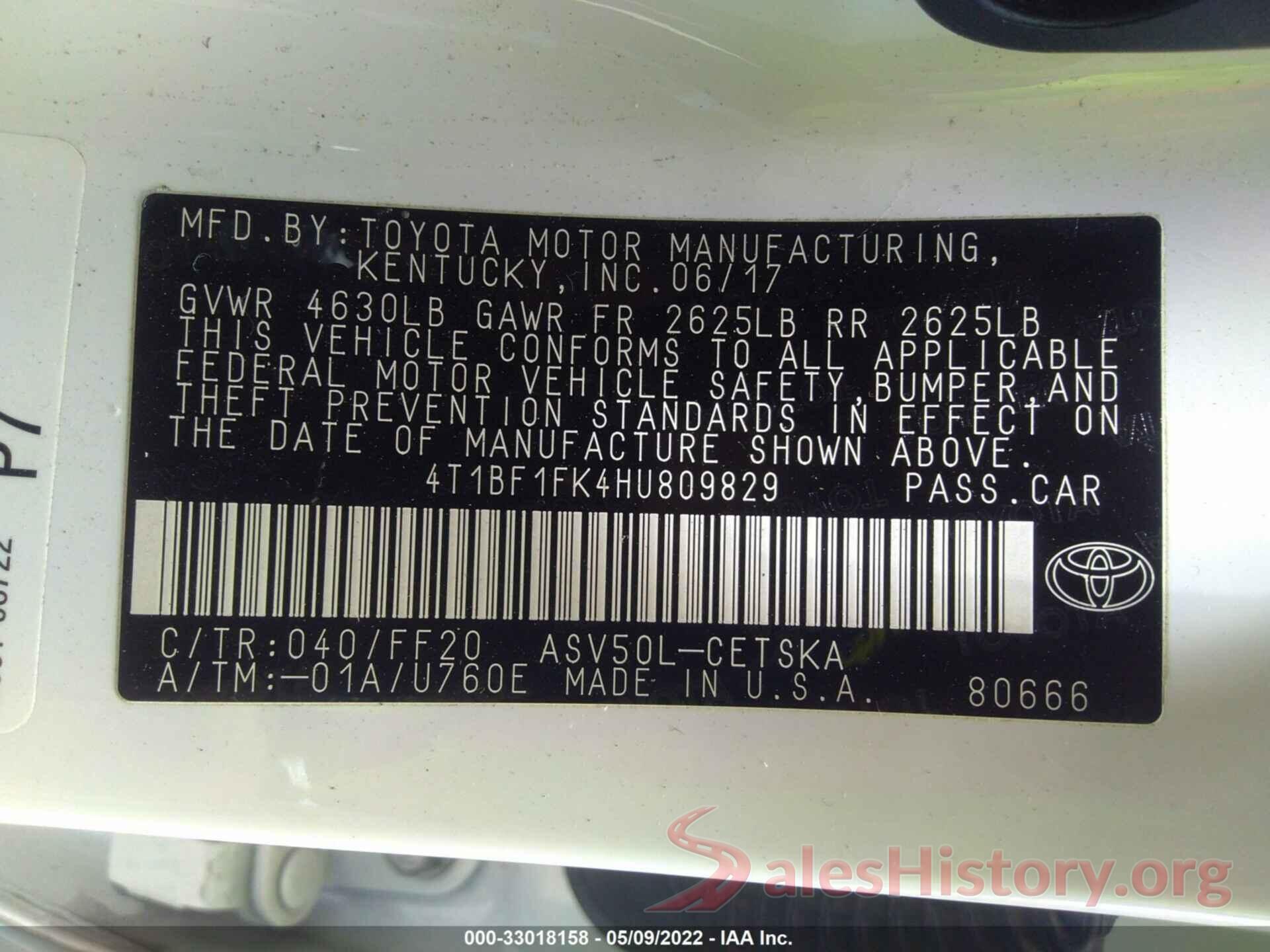 4T1BF1FK4HU809829 2017 TOYOTA CAMRY