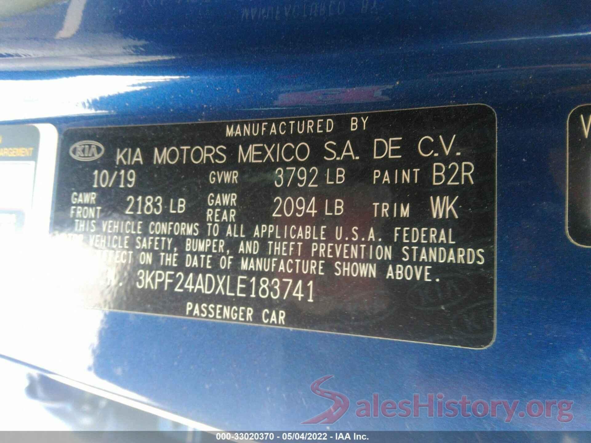 3KPF24ADXLE183741 2020 KIA FORTE