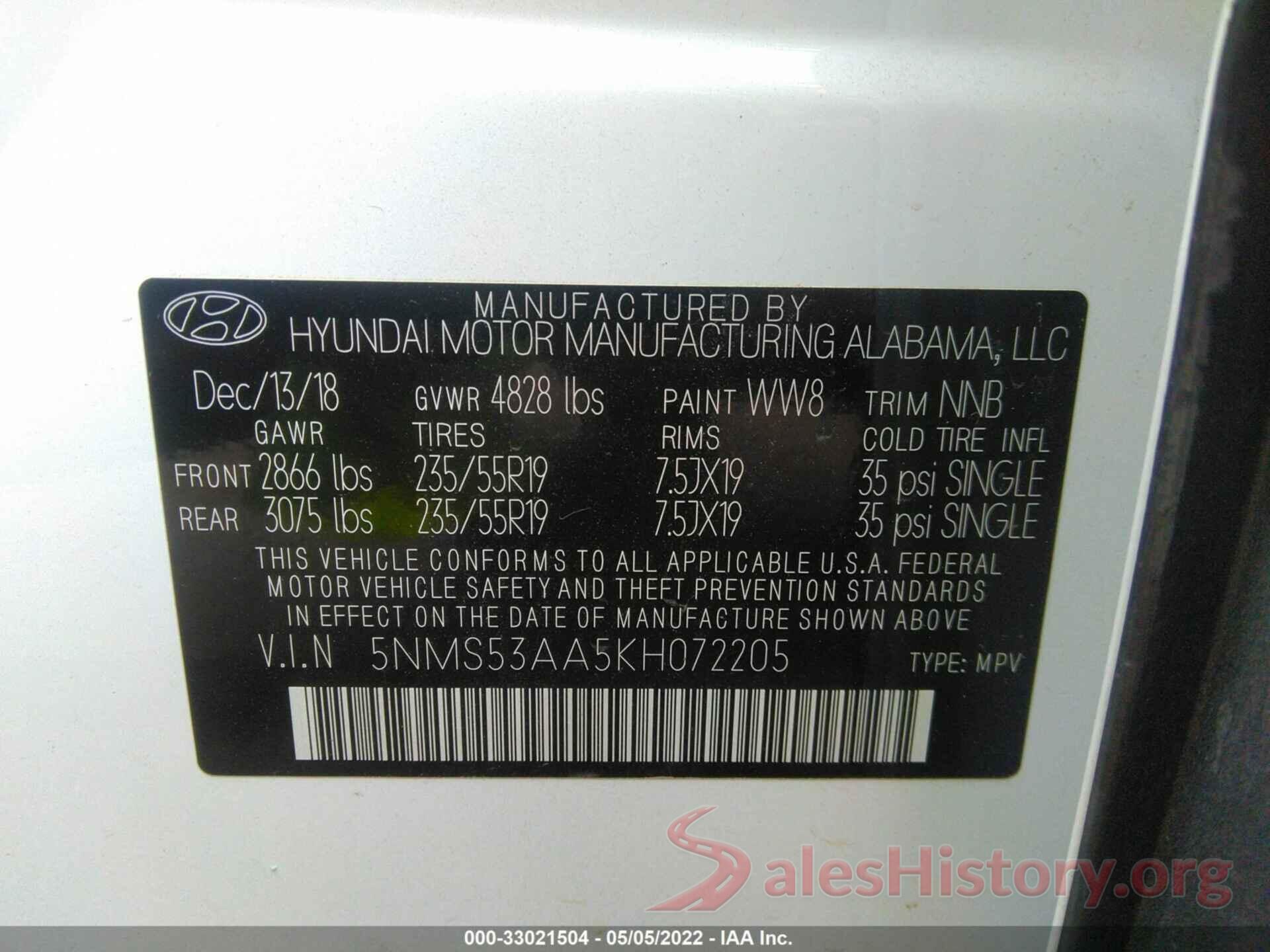 5NMS53AA5KH072205 2019 HYUNDAI SANTA FE