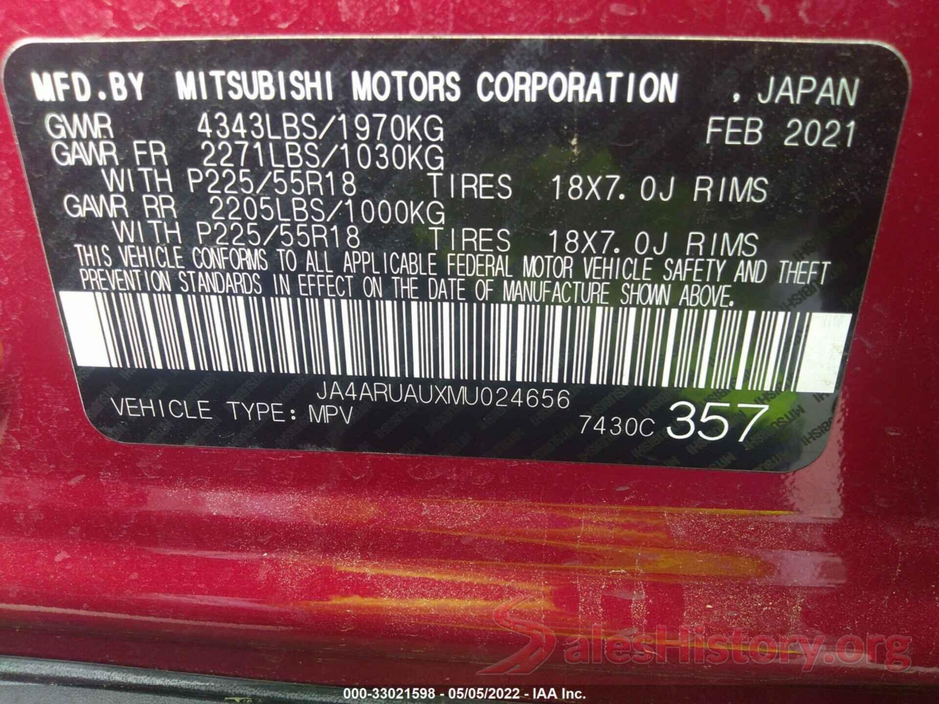 JA4ARUAUXMU024656 2021 MITSUBISHI OUTLANDER SPORT