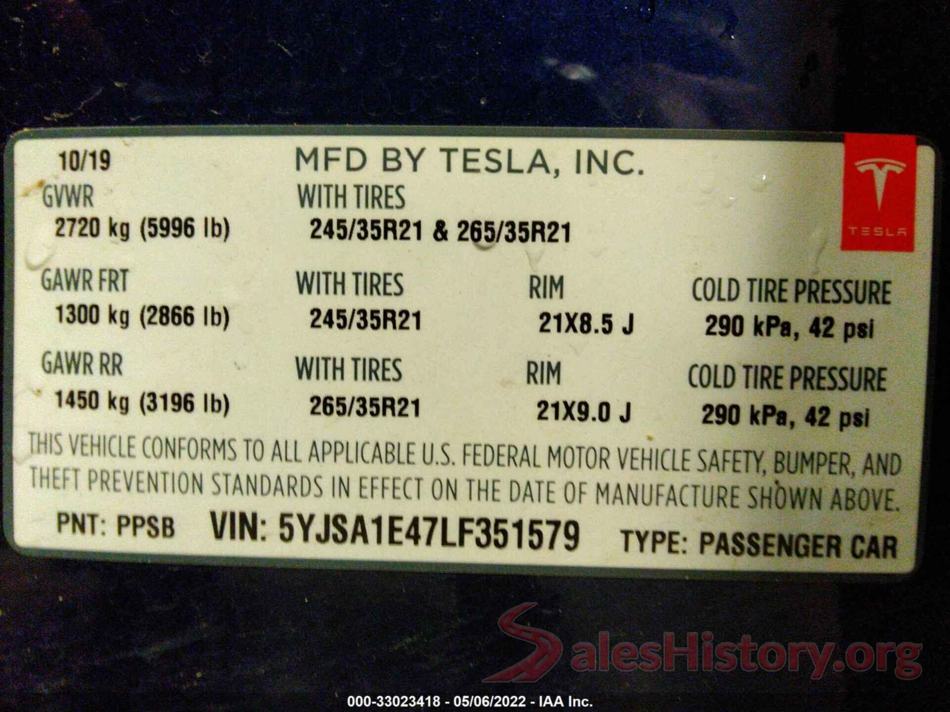 5YJSA1E47LF351579 2020 TESLA MODEL S