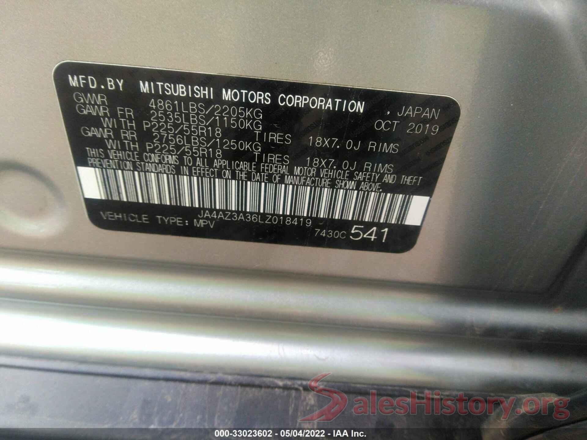 JA4AZ3A36LZ018419 2020 MITSUBISHI OUTLANDER