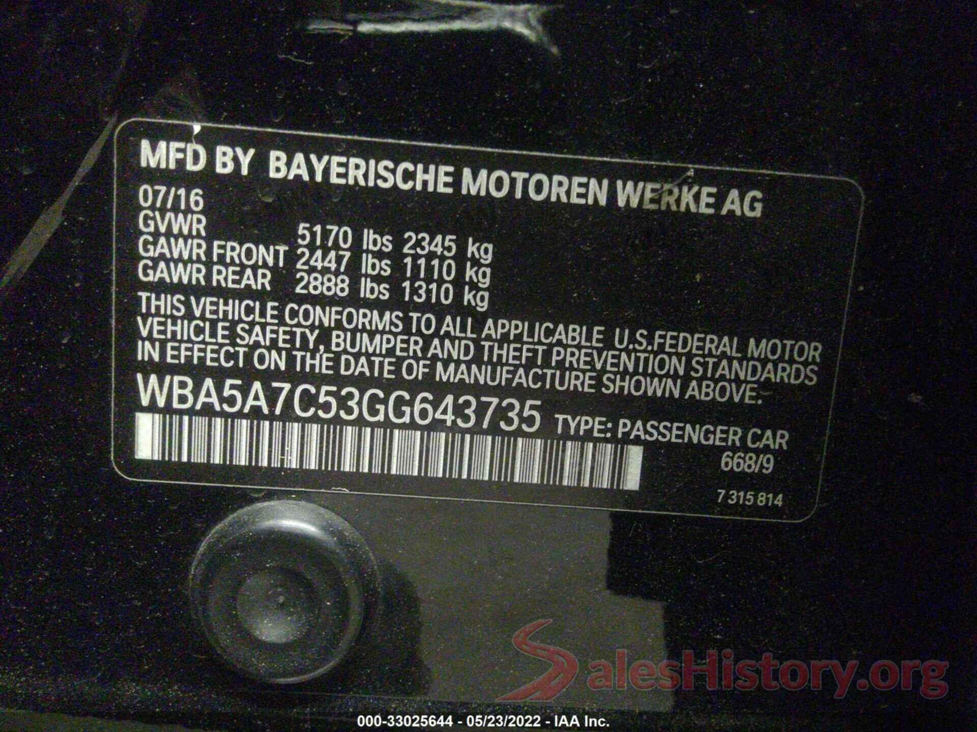 WBA5A7C53GG643735 2016 BMW 5 SERIES