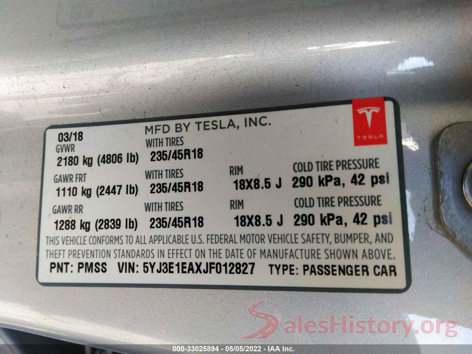 5YJ3E1EAXJF012827 2018 TESLA MODEL 3