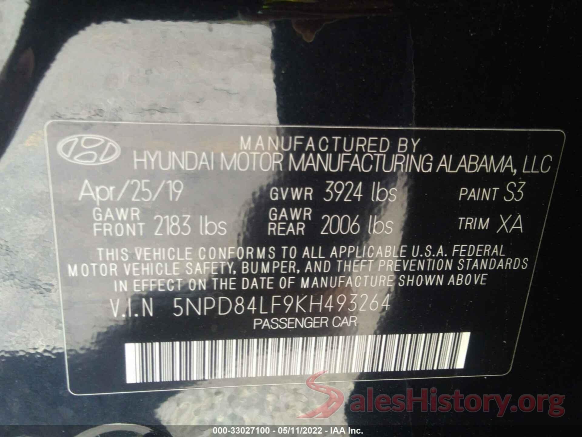 5NPD84LF9KH493264 2019 HYUNDAI ELANTRA