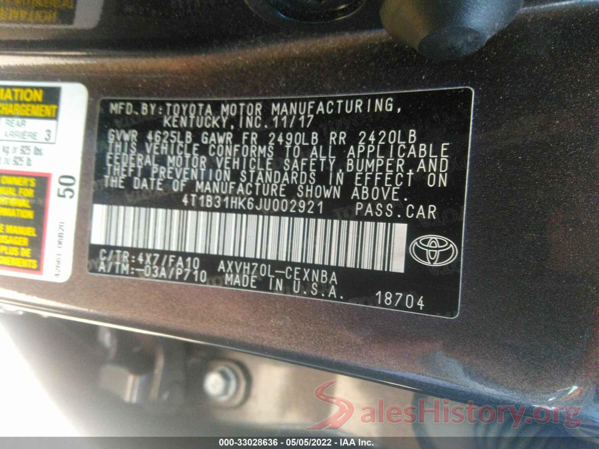 4T1B31HK6JU002921 2018 TOYOTA CAMRY