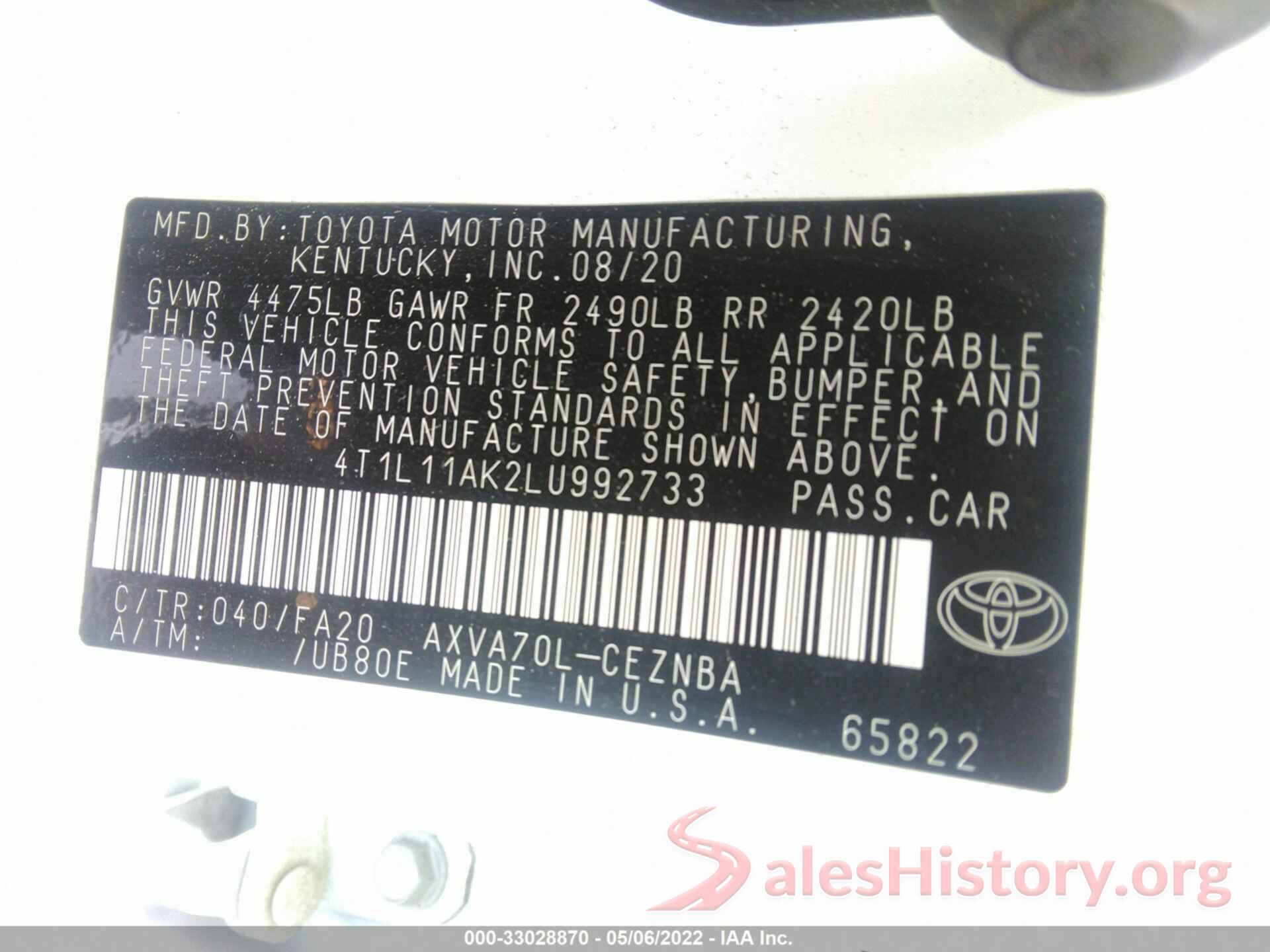 4T1L11AK2LU992733 2020 TOYOTA CAMRY