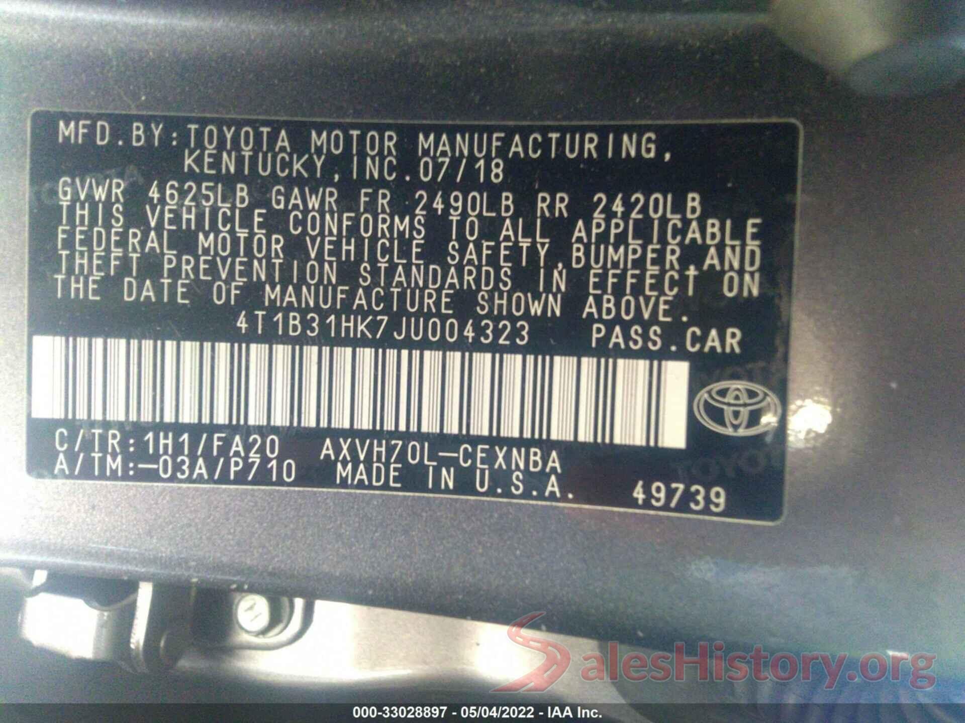 4T1B31HK7JU004323 2018 TOYOTA CAMRY