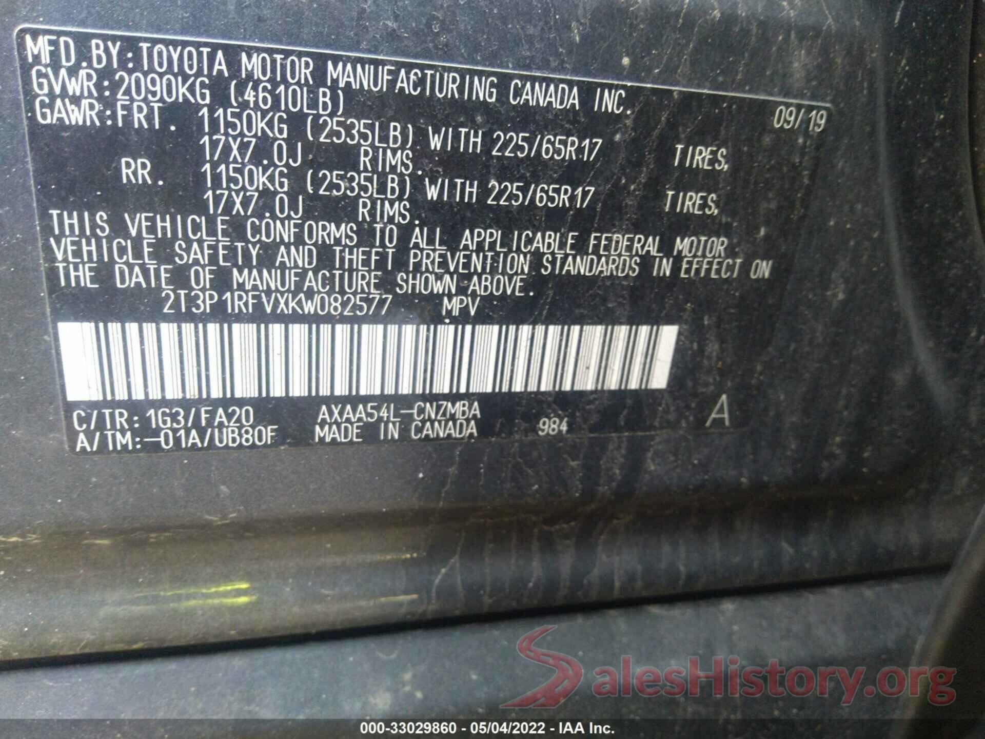 2T3P1RFVXKW082577 2019 TOYOTA RAV4