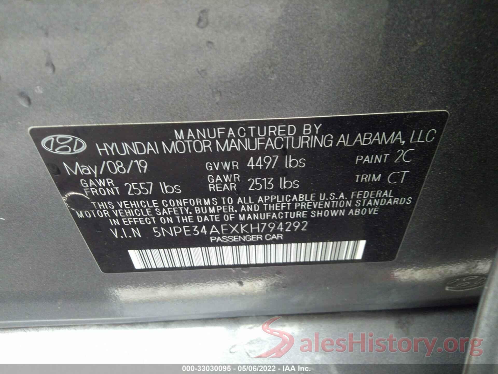 5NPE34AFXKH794292 2019 HYUNDAI SONATA