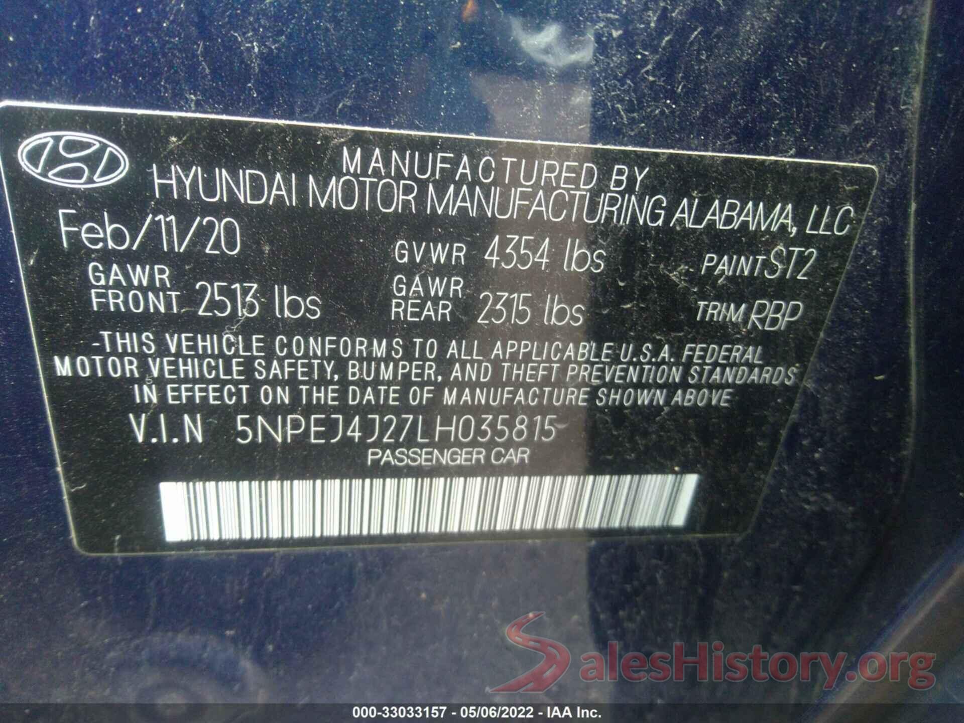 5NPEJ4J27LH035815 2020 HYUNDAI SONATA