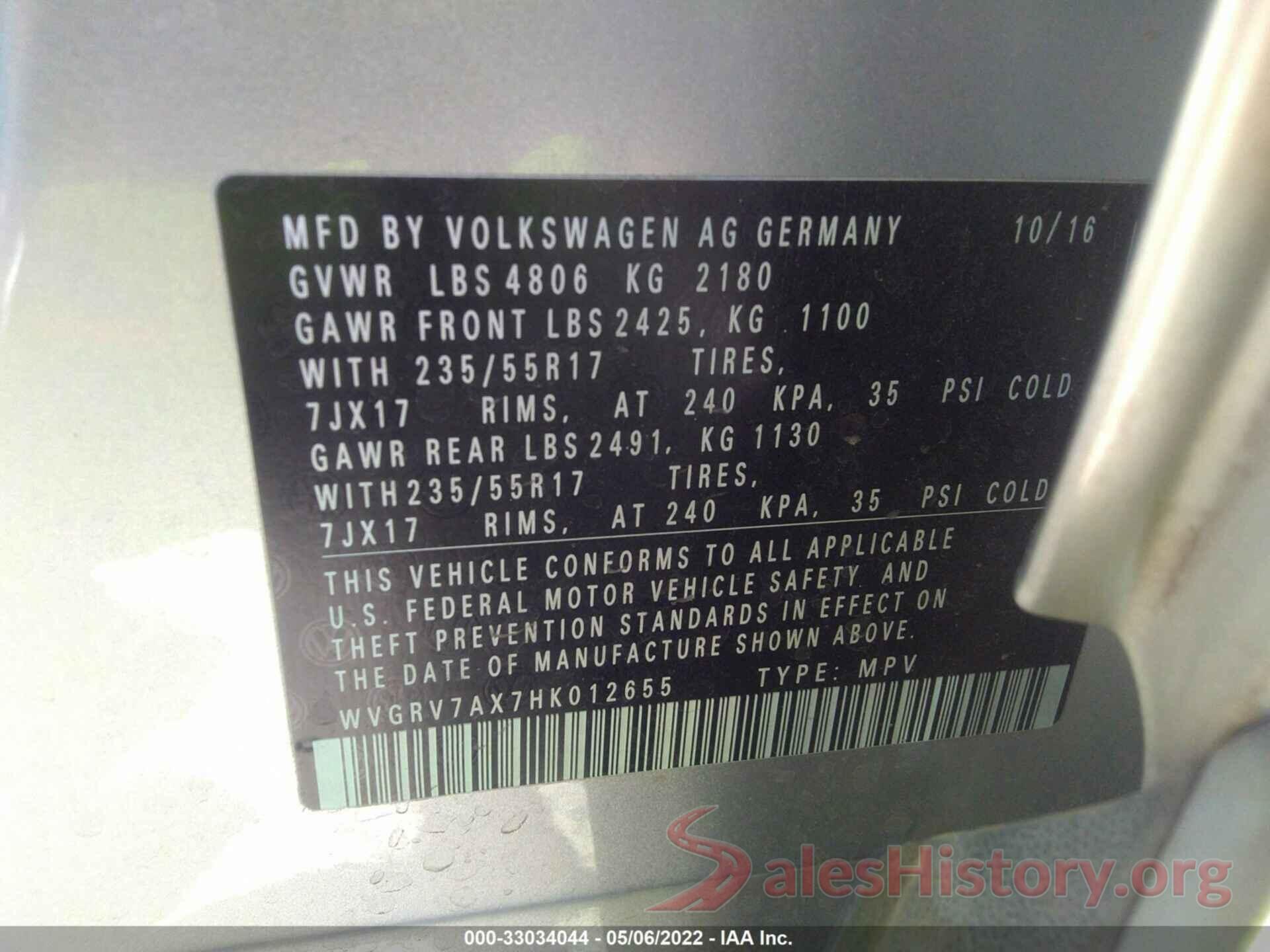 WVGRV7AX7HK012655 2017 VOLKSWAGEN TIGUAN