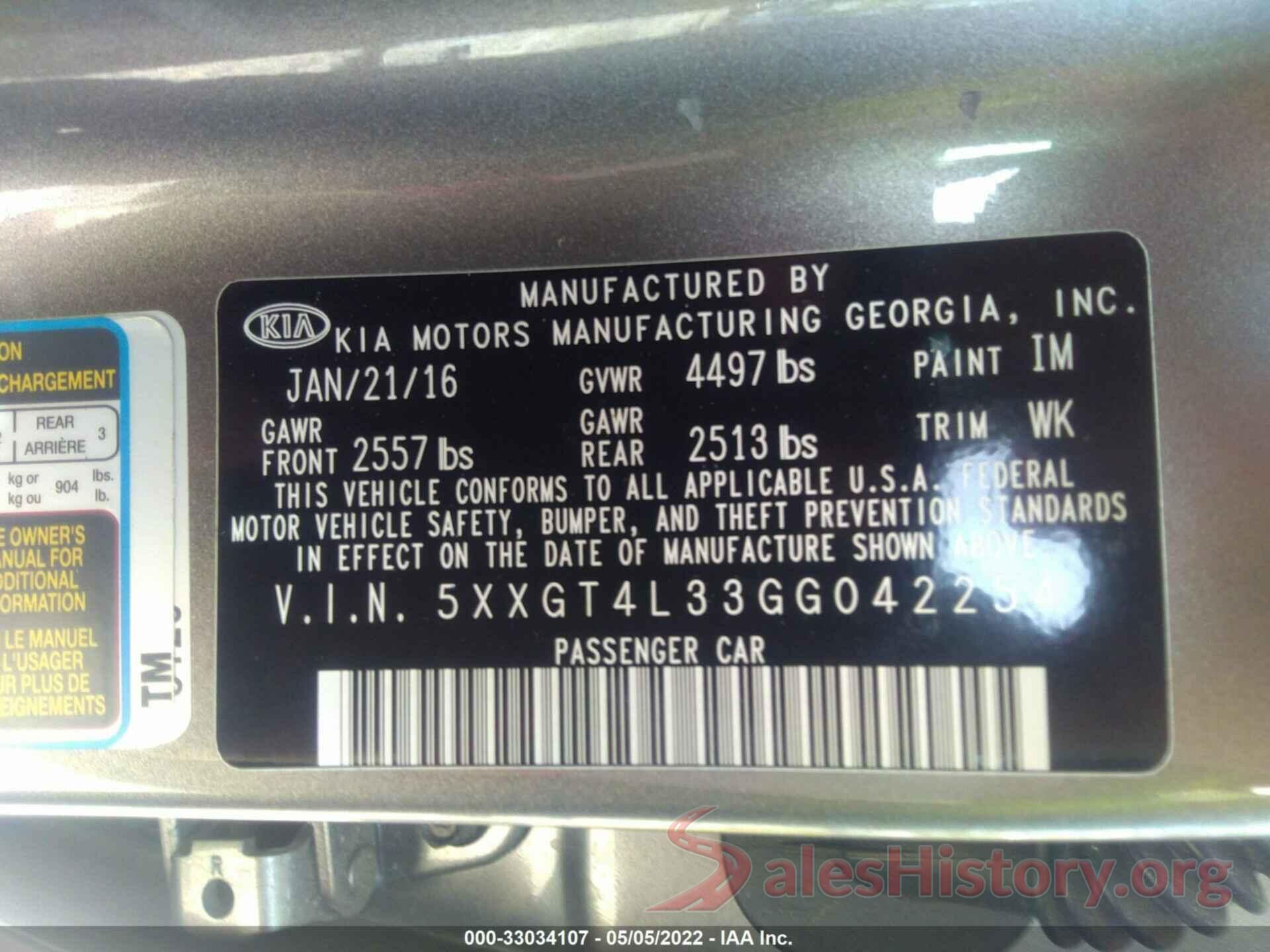 5XXGT4L33GG042254 2016 KIA OPTIMA