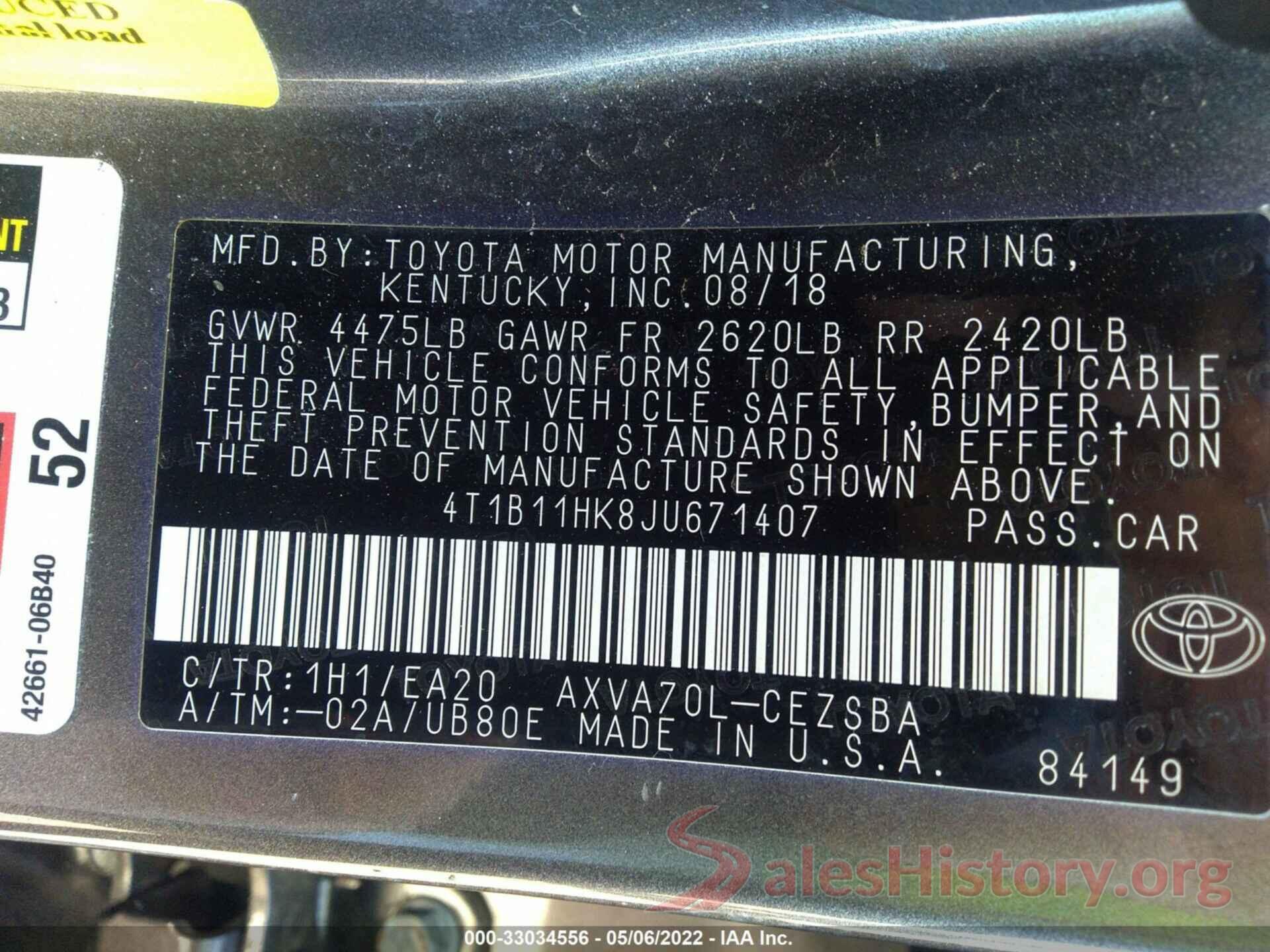 4T1B11HK8JU671407 2018 TOYOTA CAMRY