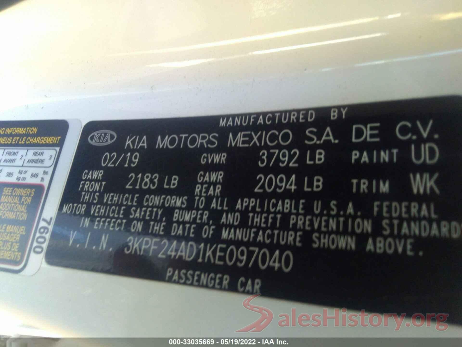 3KPF24AD1KE097040 2019 KIA FORTE