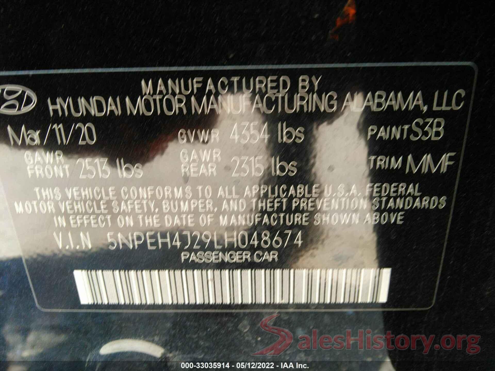 5NPEH4J29LH048674 2020 HYUNDAI SONATA