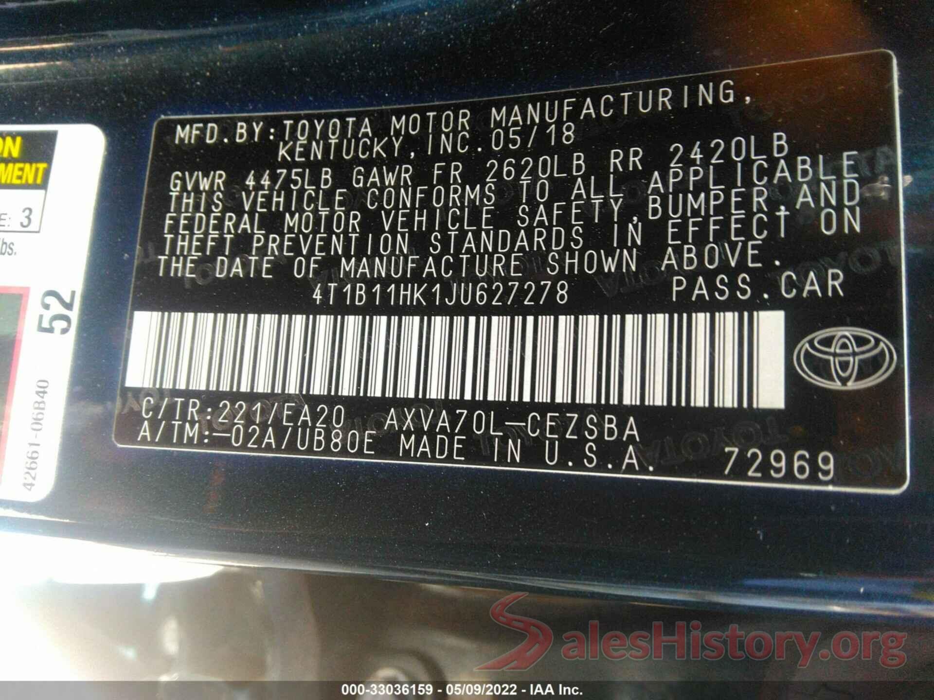 4T1B11HK1JU627278 2018 TOYOTA CAMRY