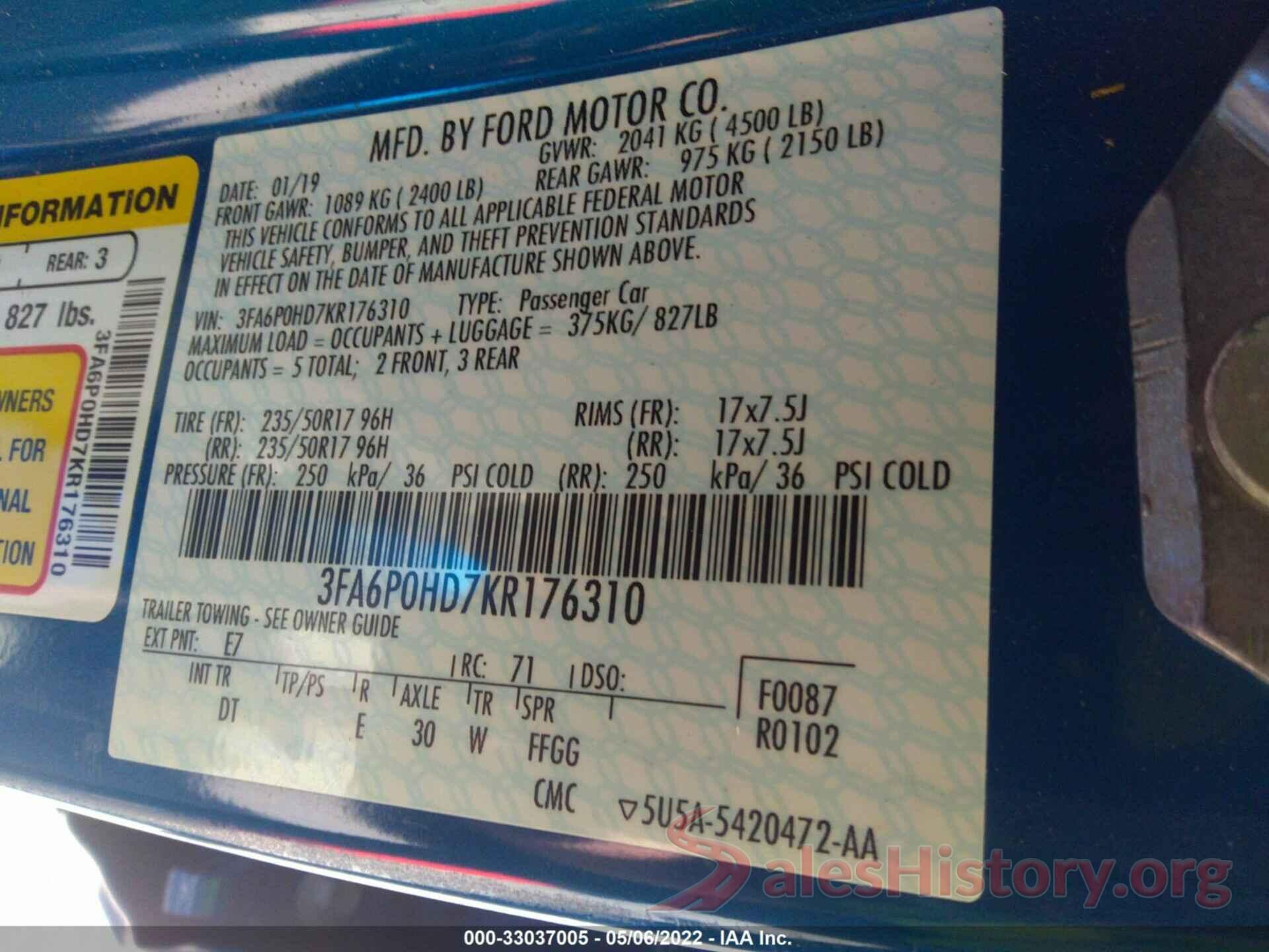 3FA6P0HD7KR176310 2019 FORD FUSION