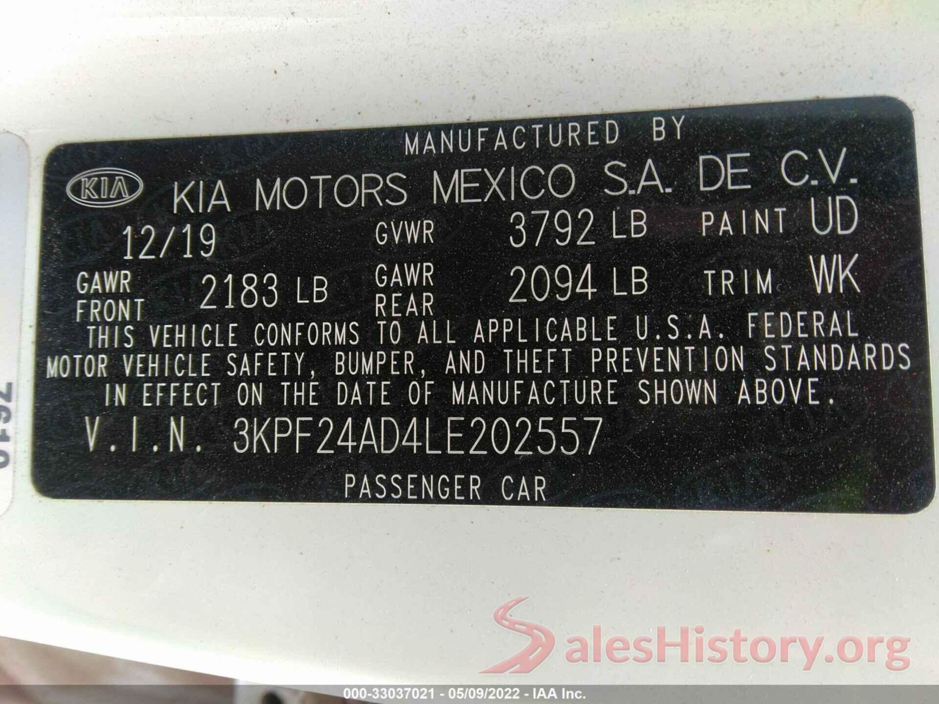 3KPF24AD4LE202557 2020 KIA FORTE