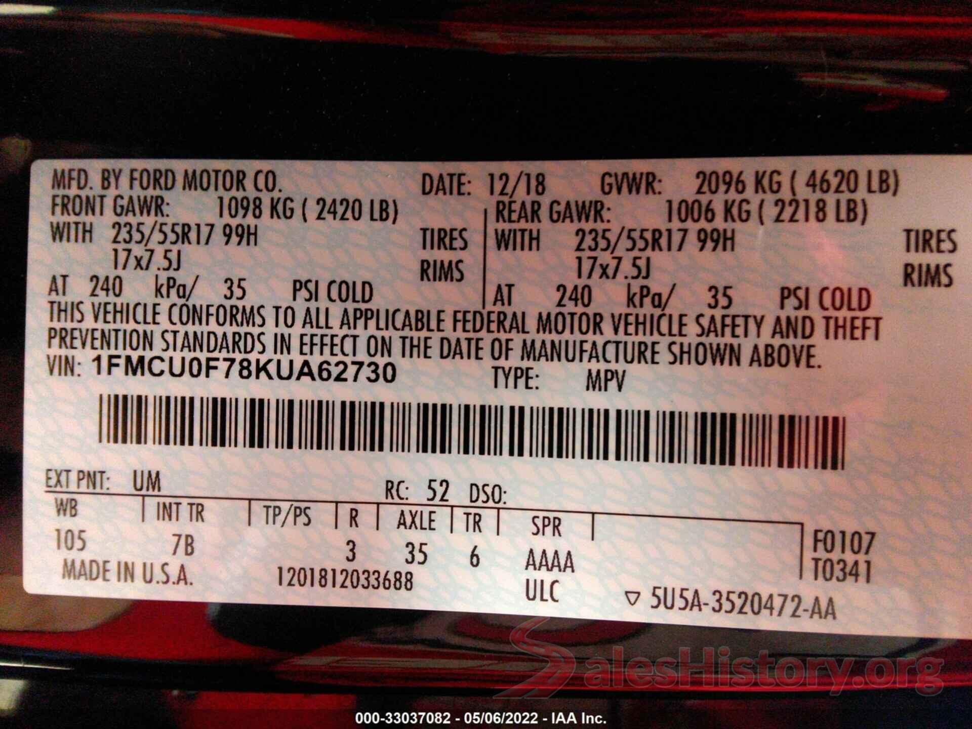 1FMCU0F78KUA62730 2019 FORD ESCAPE