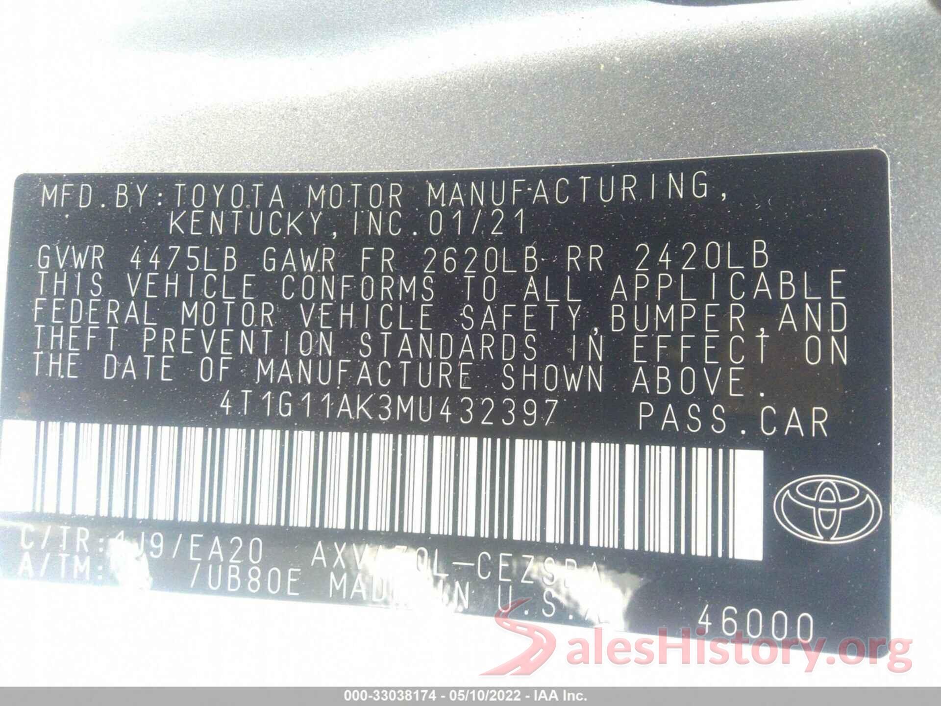 4T1G11AK3MU432397 2021 TOYOTA CAMRY