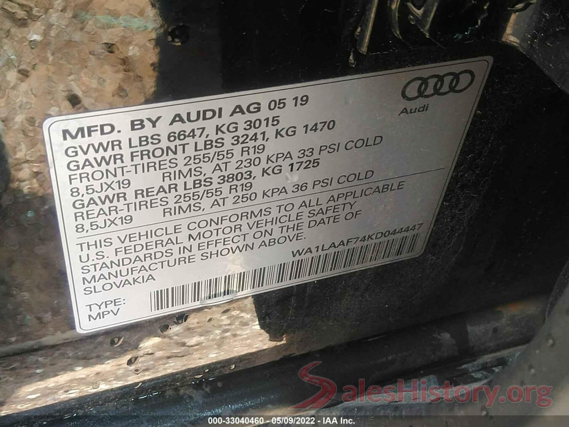 WA1LAAF74KD044447 2019 AUDI Q7