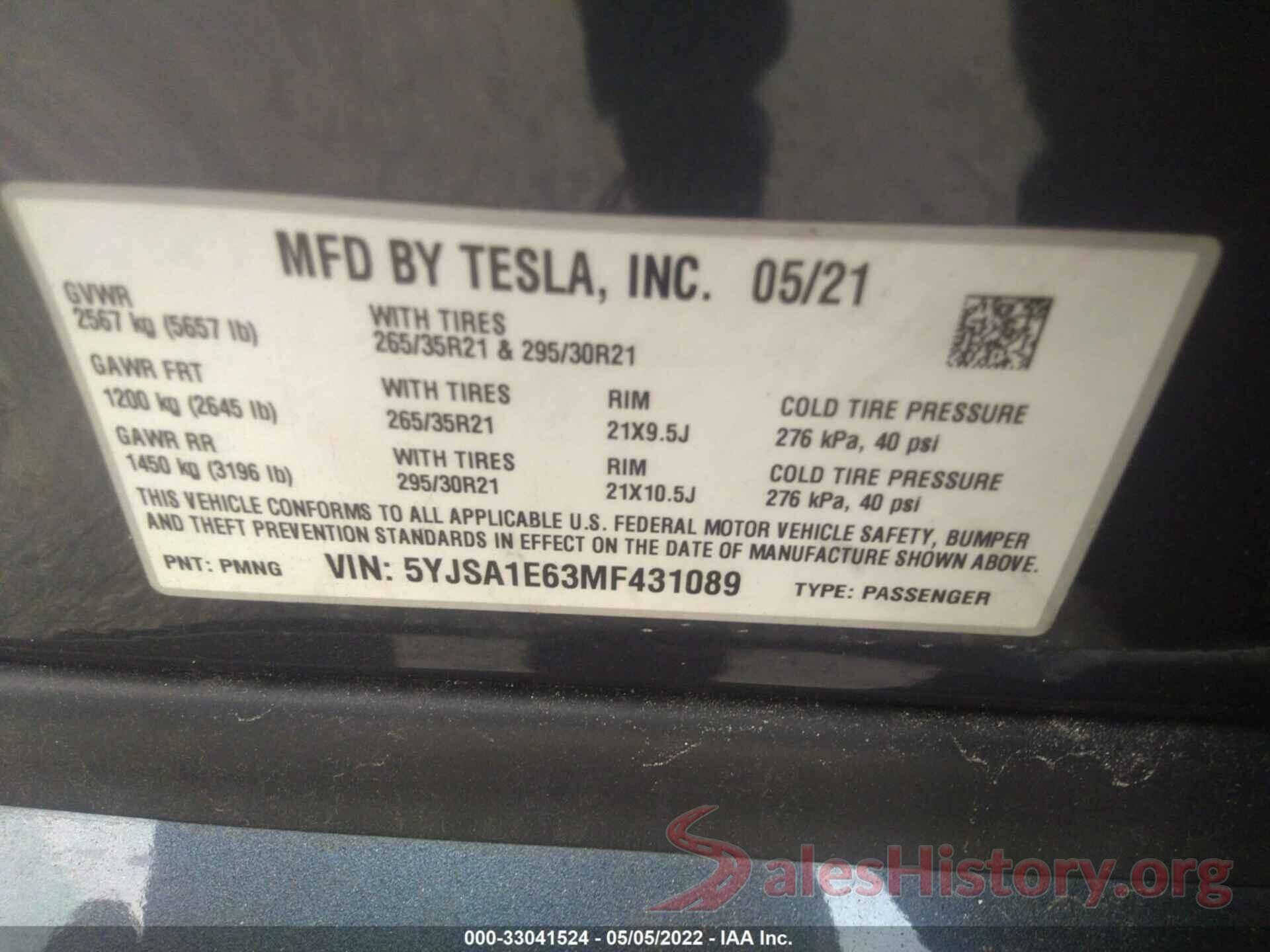 5YJSA1E63MF431089 2021 TESLA MODEL S